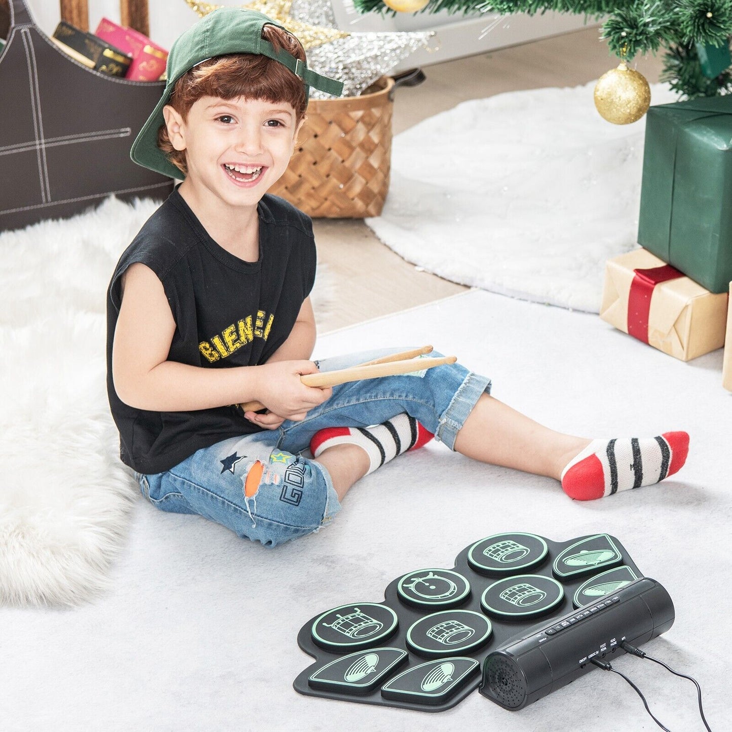 Portable 9 Pads Electric Drum Set with USB and MP3 Port-Green