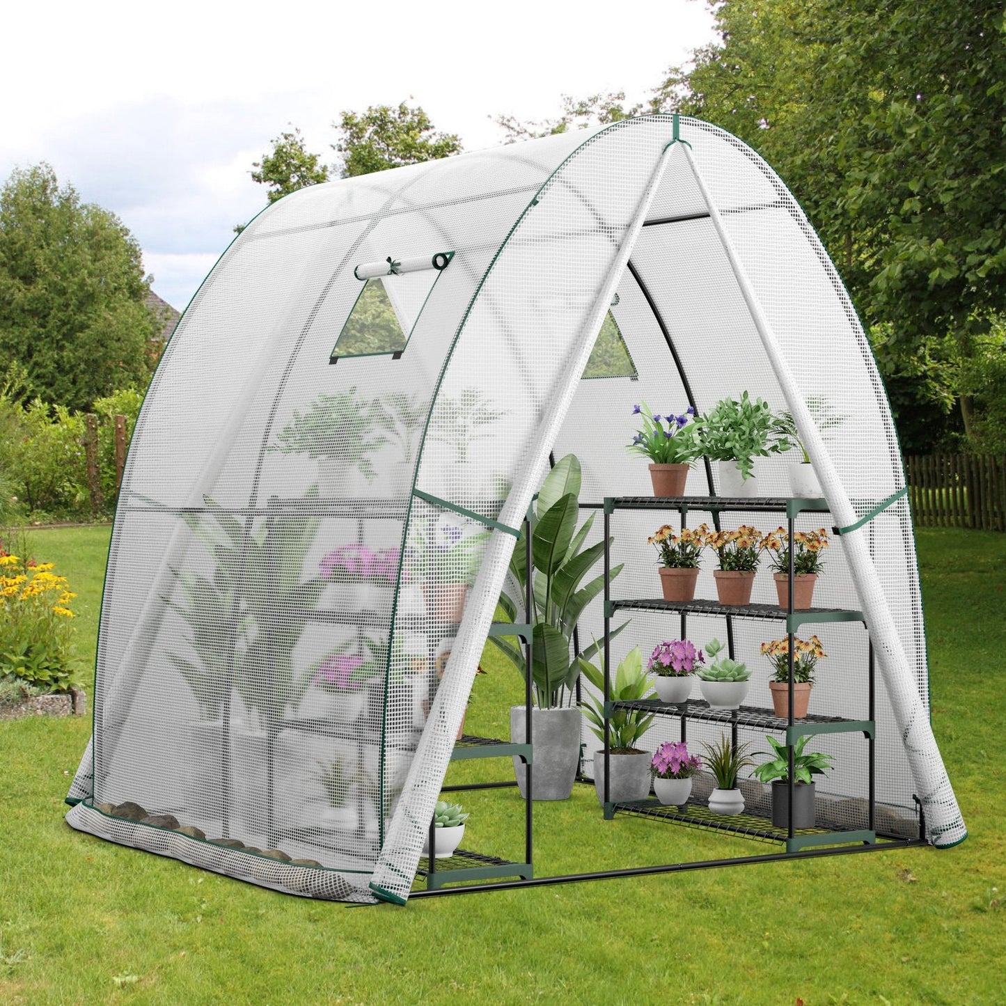 Portable Wall-in Tunnel Greenhouse with 2 Zippered Doors-White