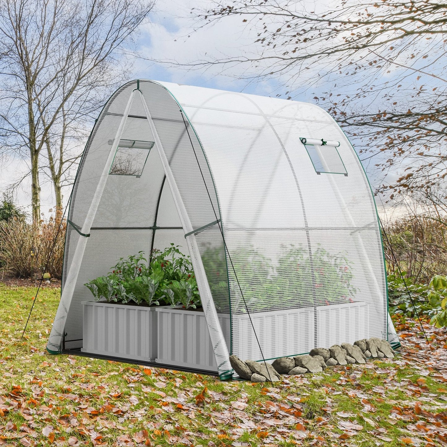 Portable Wall-in Tunnel Greenhouse with 2 Zippered Doors-White