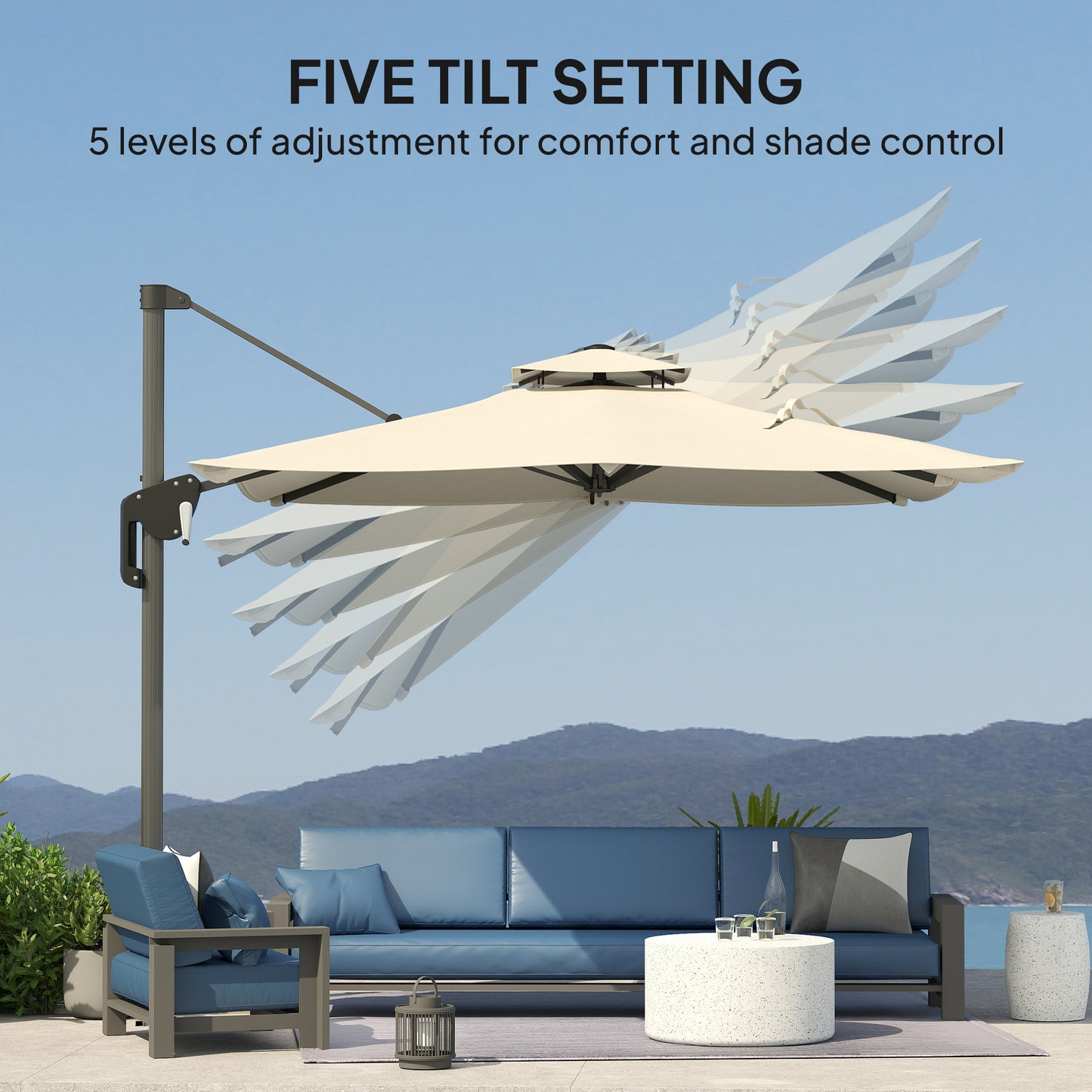 Outsunny 3.7 x 2.7 m Cantilever Parasol w/ 360° Rotation and Easy Tilt Adjustment, Aluminium Hanging Offset Outdoor Umbrella w/ Double Top and Cross Base, UPF50+ Hanging Sun Shade, Grey Wood Effect