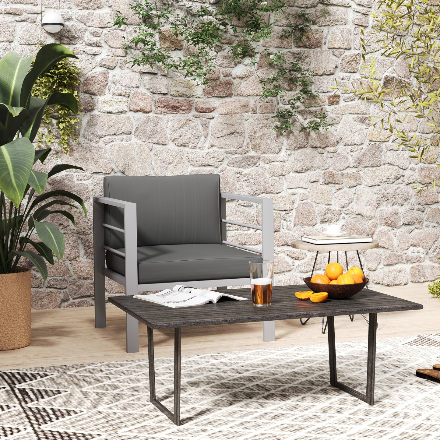 Outsunny Garden Sofa, All-Weather Garden Single Sofa with Removable Cushions, Metal Frame Outdoor Furniture for Balcony, Charcoal Grey