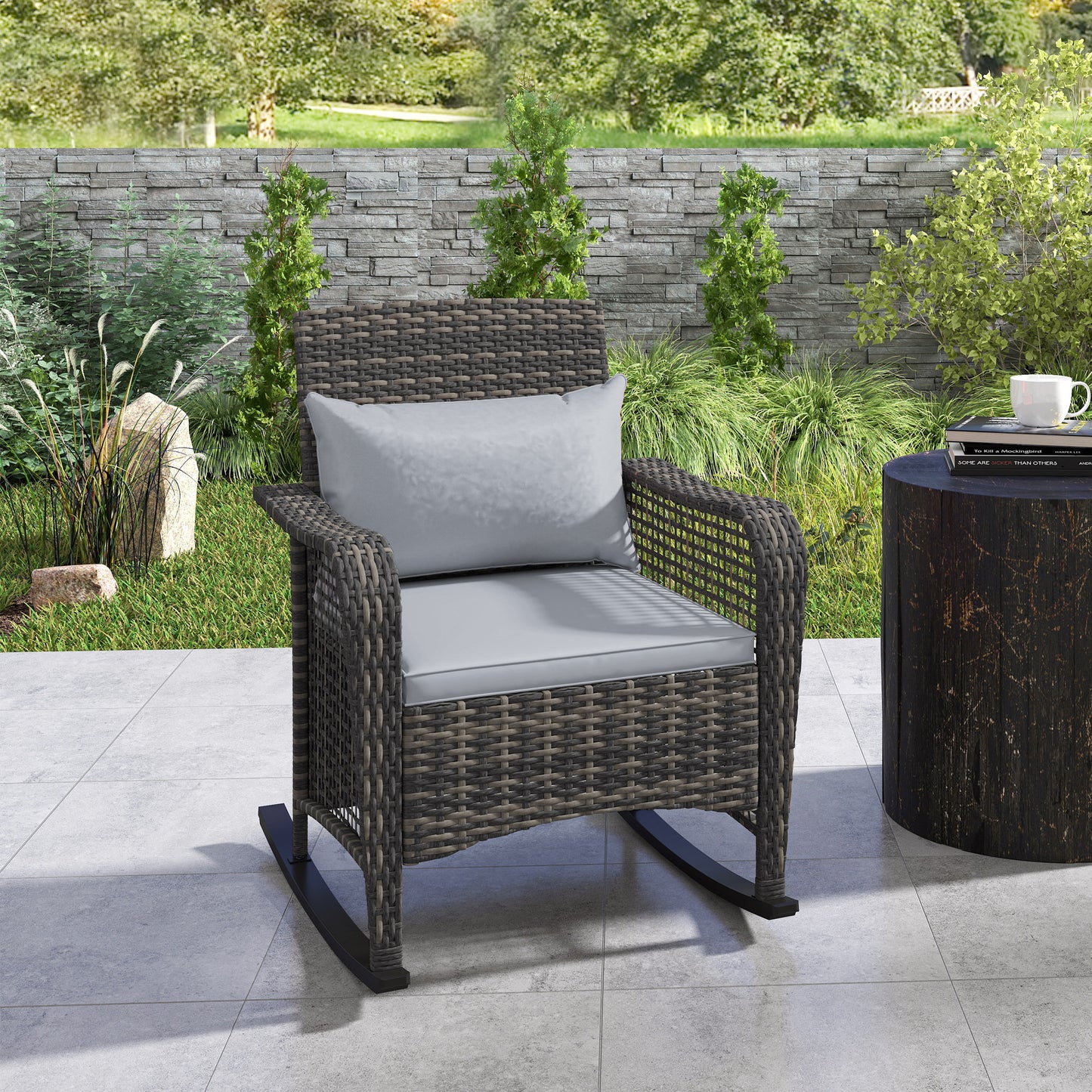 Outsunny Rattan Rocking Chair - Light Grey