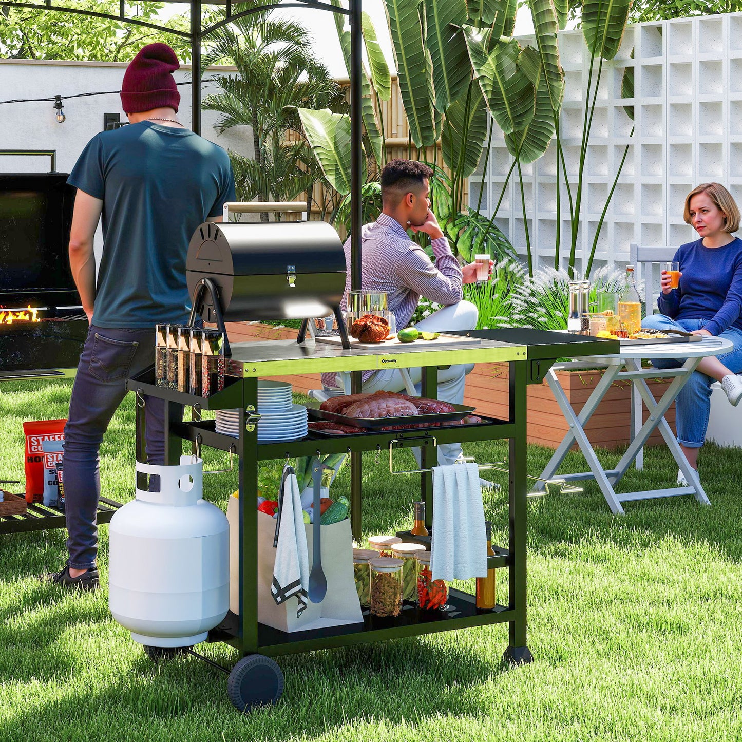 Outsunny Multi-Feature BBQ Grill Table, with Stainless Steel Top - Black