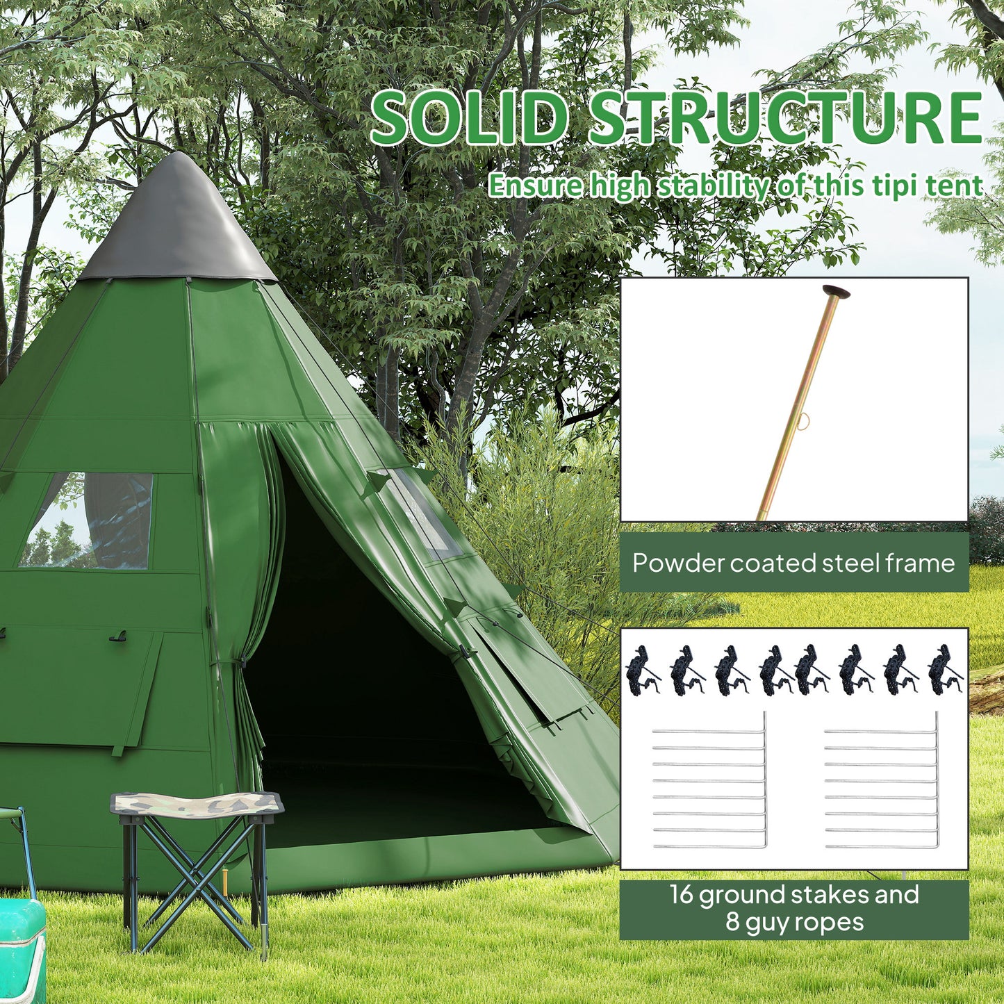 Outsunny 6 Men Tipi Tent with Carry Bag - Green
