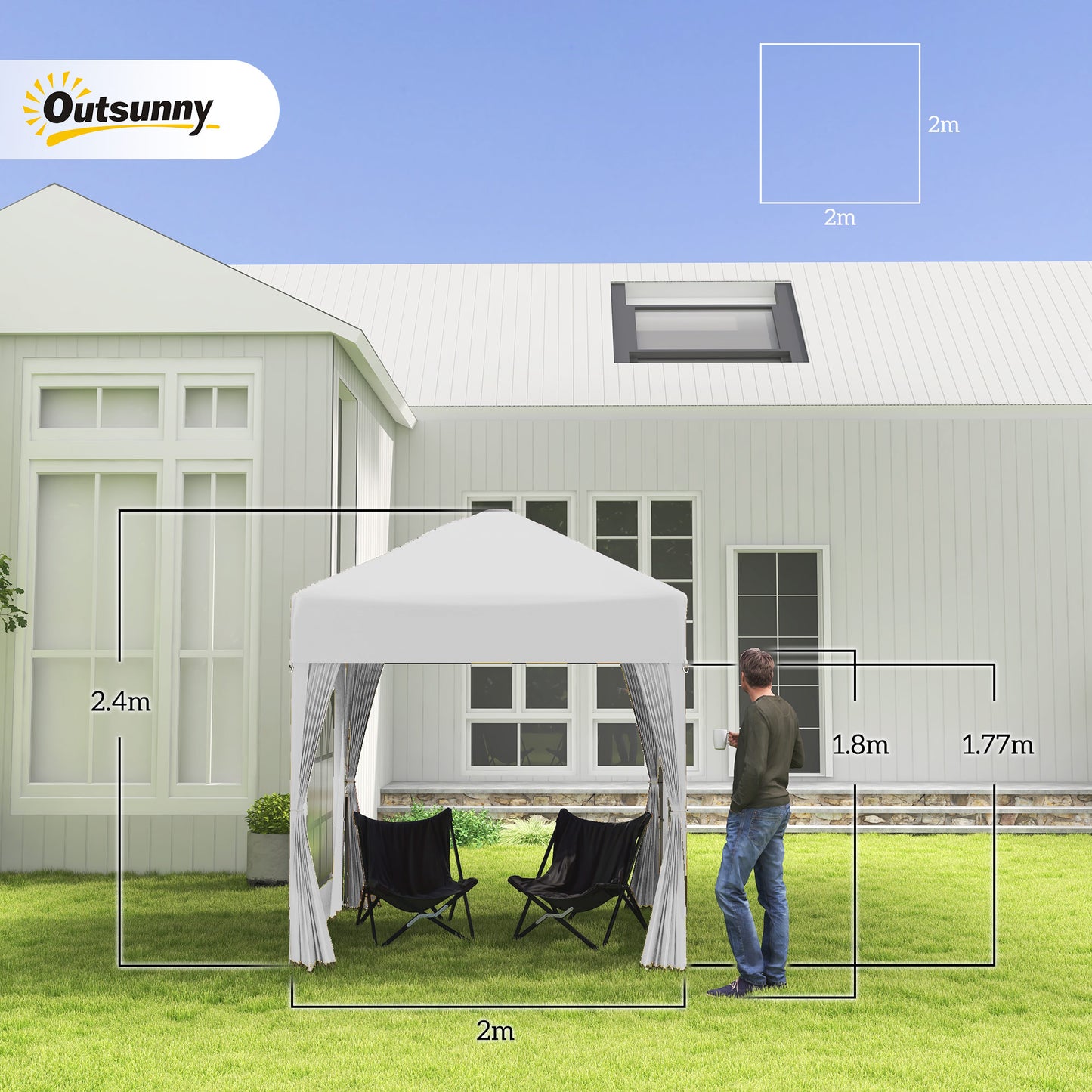 Outsunny 2 x 2 m Garden Pop Up Gazebo, Wedding Party Tent Marquee, Water Resistant Awning Canopy with Sidewalls, Windows, Carry Bag, White