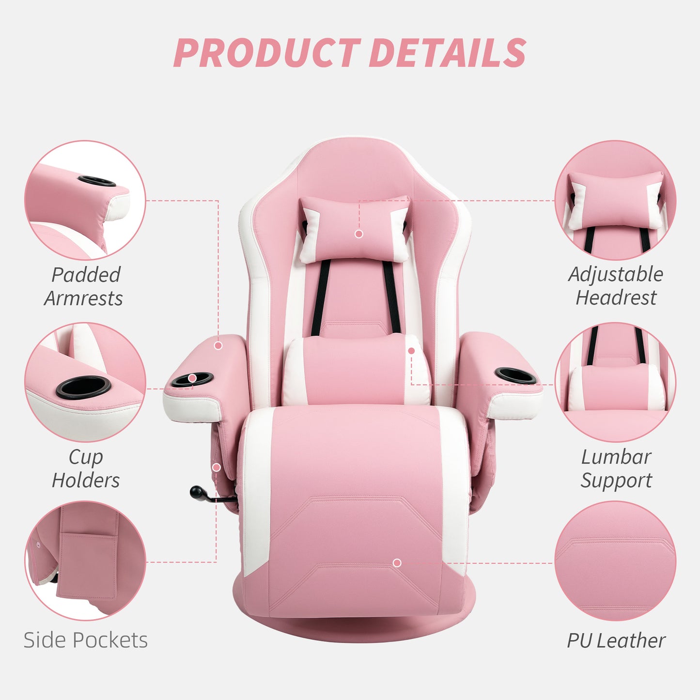 HOMCOM Manual Recliner Armchair PU Leather Lounge Chair w Adjustable Leg Rest, 135° Reclining Function, 360° Swivel, Pink