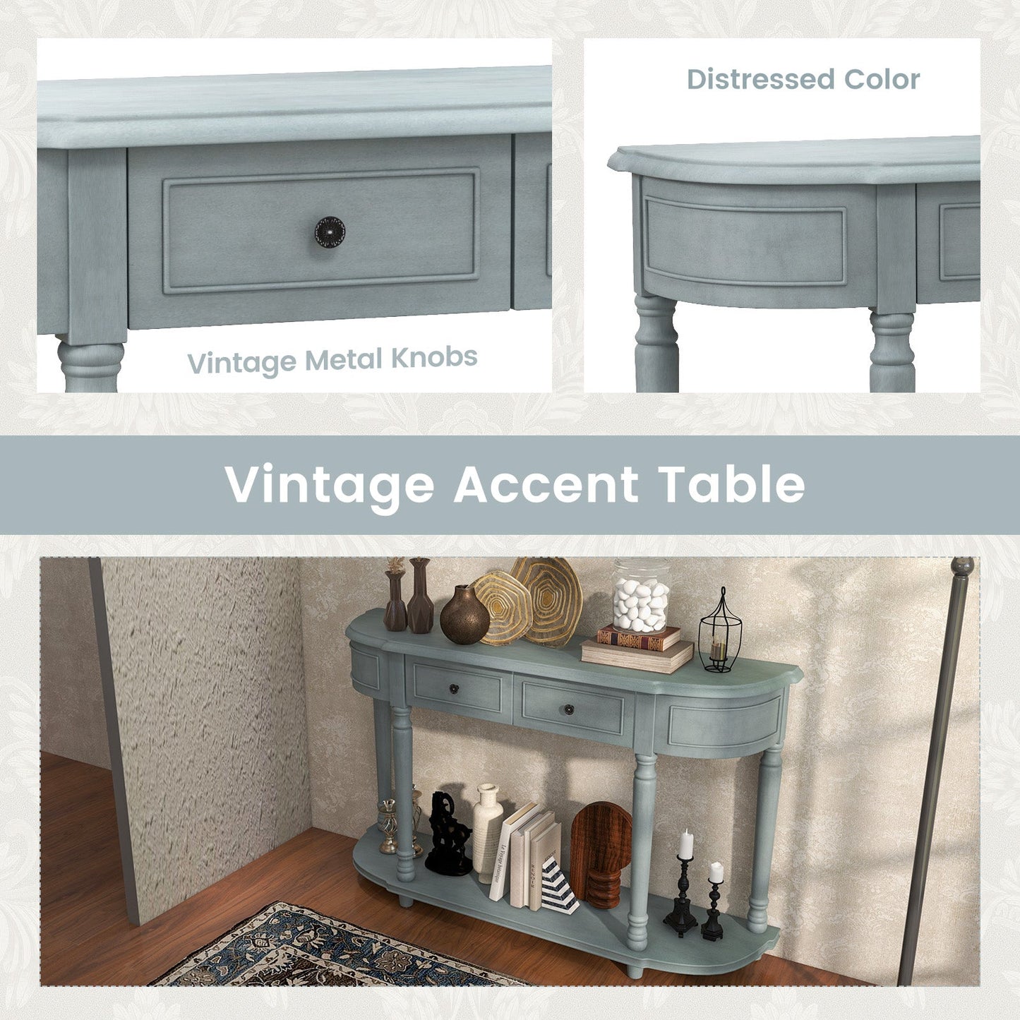 Retro Console Table with Storage for Living Room Hallway-Blue