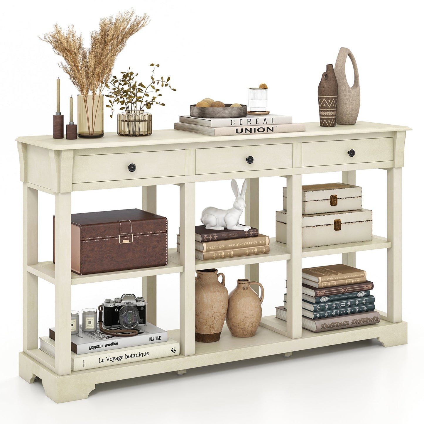 Retro Console Table with 3 Drawers and Open Shelves-White