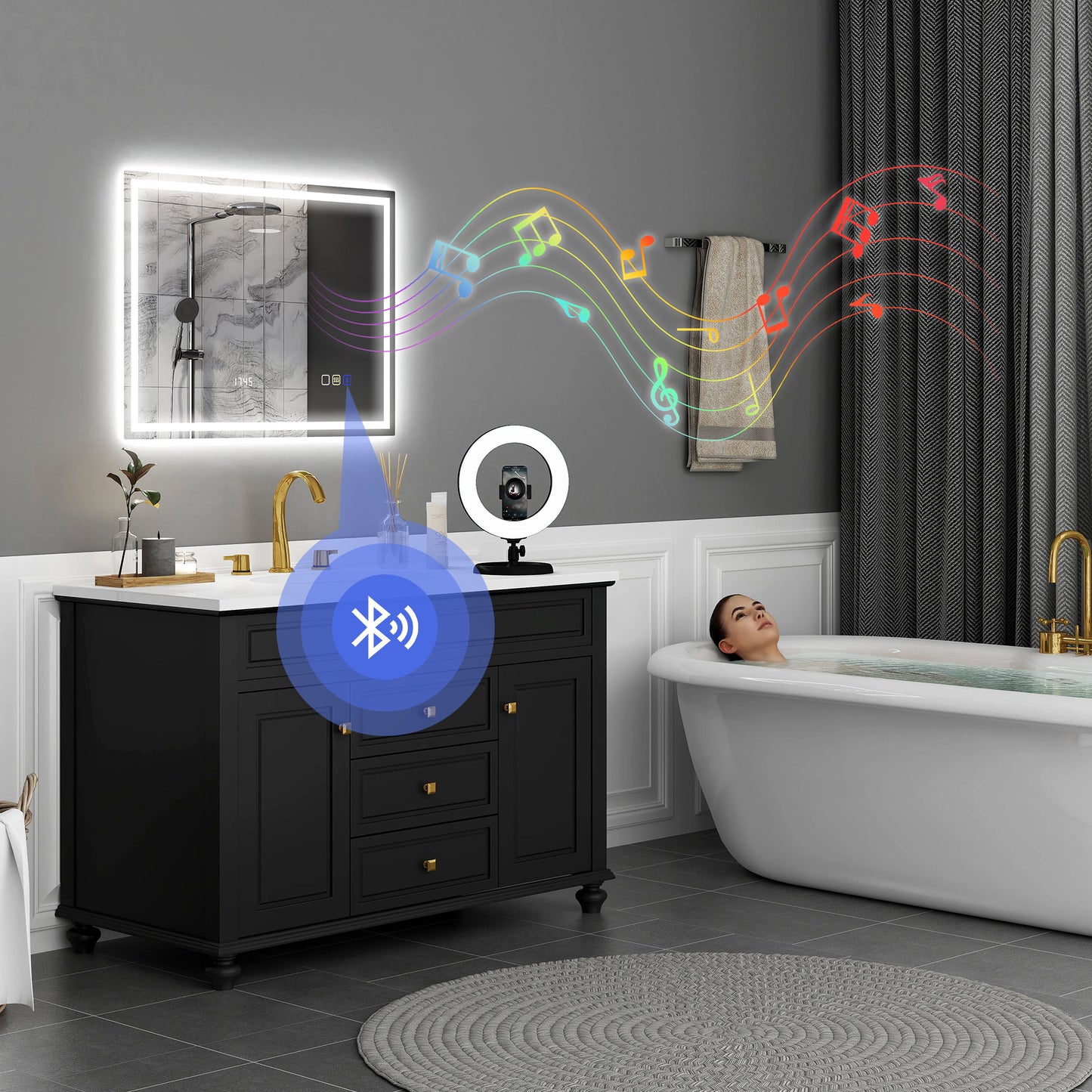 مرآة حمام HOMCOM مقاس 60 × 80 سم مضادة للضباب مزودة بإضاءة LED، مع بلوتوث وساعة - لون فضي