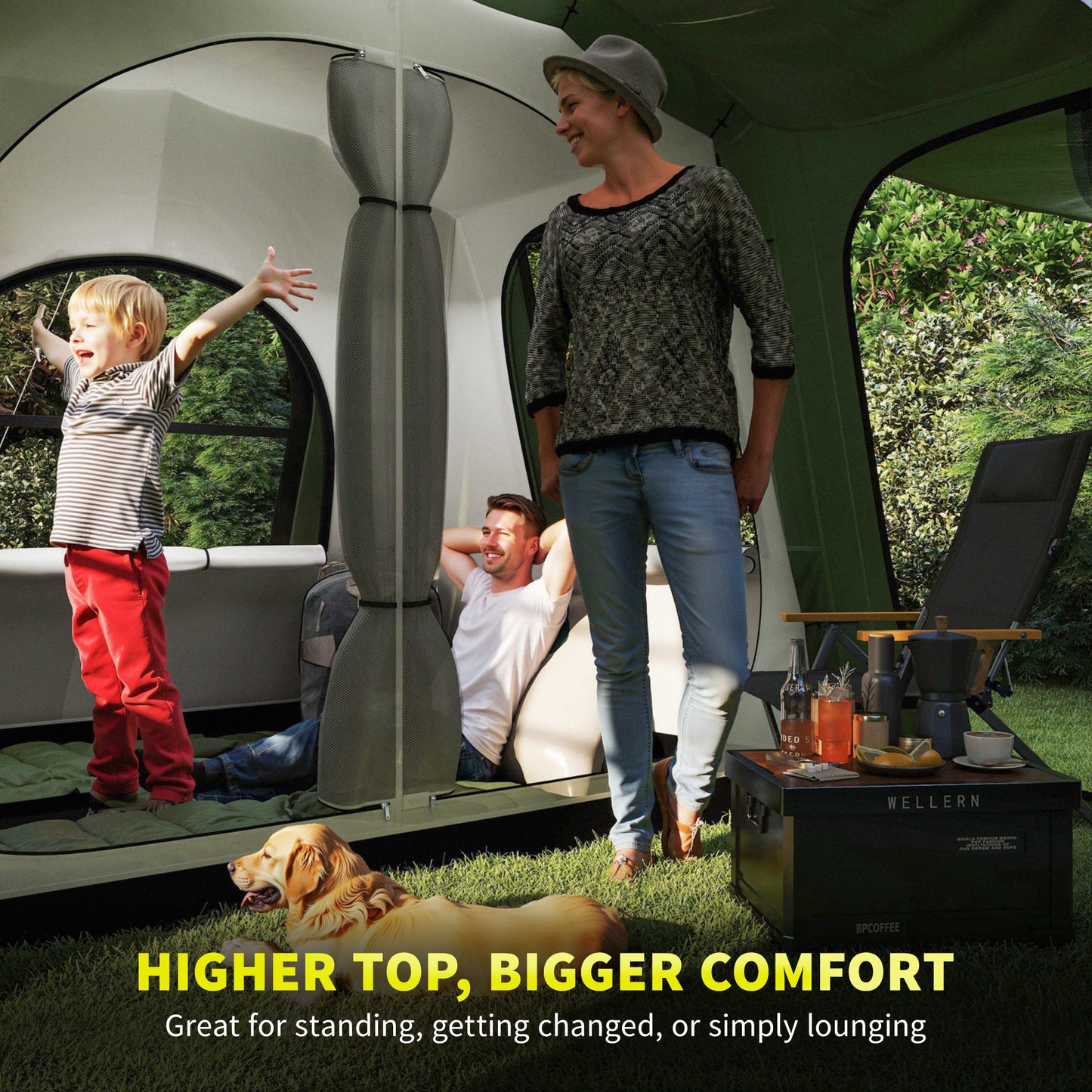 Outsunny 4 Man Tunnel Tent, Family Camping Tent with Porch, Bedroom and Living Area, Sewn in Groundsheet, 3000mm Waterproof, Portable with Bag for Hiking, Festival, Backpacking, Green