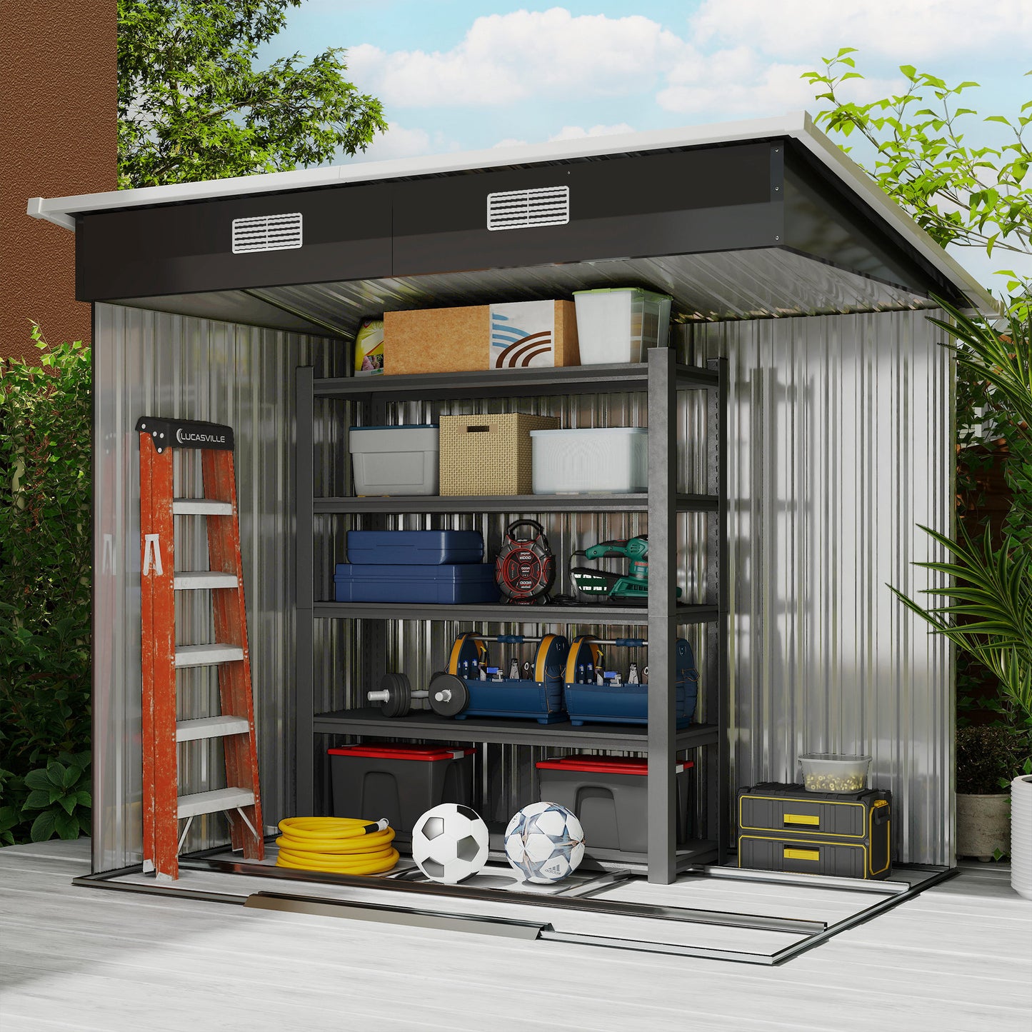 Outsunny 7 x 4ft Outdoor Storage Shed with Foundation Kit, Lean to Metal Garden Shed for Log, Rubbish Bin, Tool, Lawnmower, Bike, Patio and Lawn Use, Black