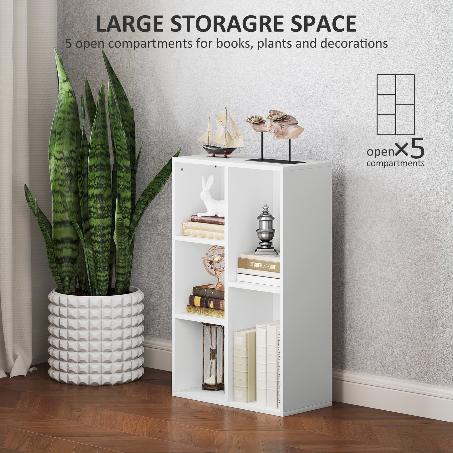 HOMCOM 2-Tier Bookshelf with 5 Compartments - White