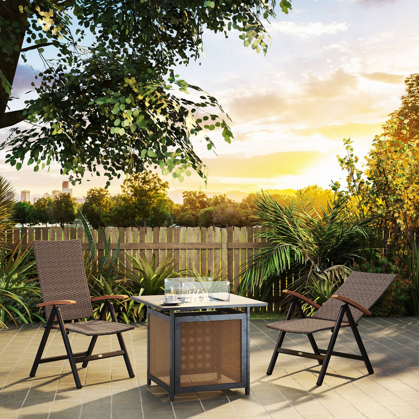 Outsunny 2 Pieces Outdoor Foldable Dining Chair with Armrests, High Backrest, for Garden, Camping, Balcony, Brown