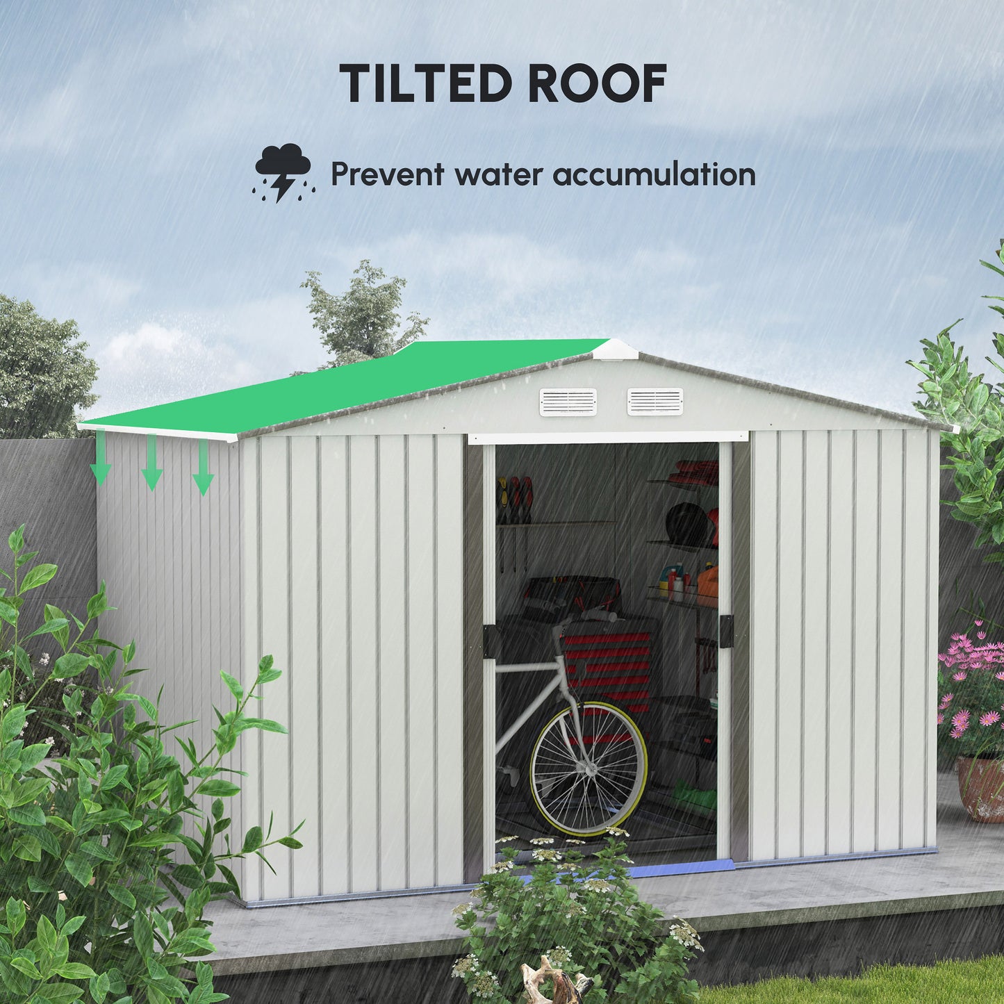 Outsunny Metal Bike Shed, Mobility Scooter Shed House with Foundation Kit, Ventilation, Doors, 9 x 6FT, Silver