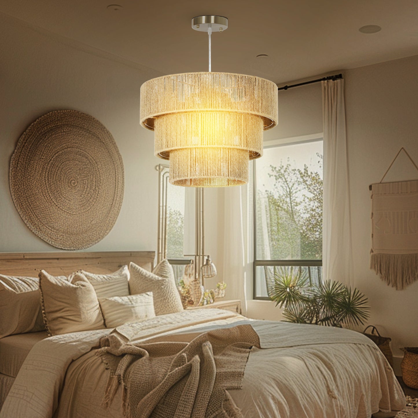 HOMCOM Hemp Rope Ceiling Light, 3-Layer Boho Pendant Light, E14 Vintage Ceiling Lamp Fixtures for Living Room, Bedroom, Kitchen, Hallway, Light Brown