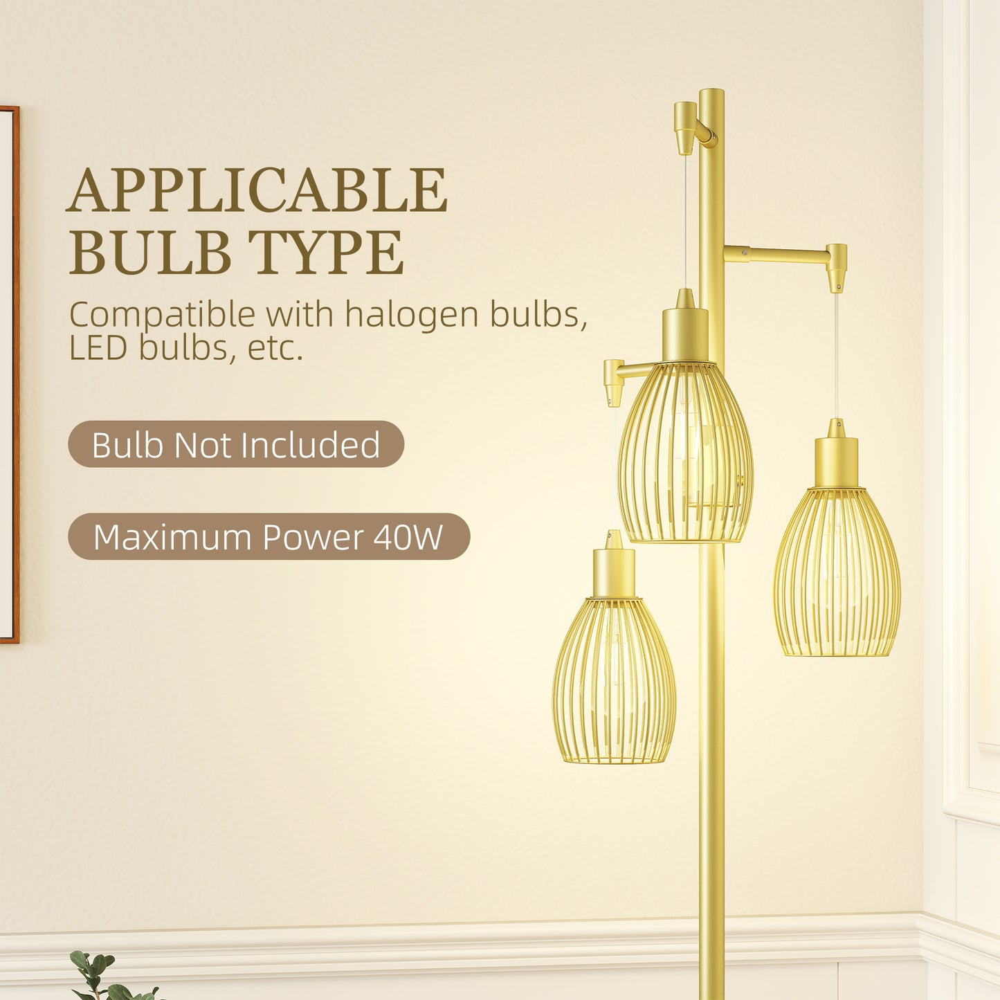 HOMCOM 3-Light Floor Lamp, 170cm Industrial Dimmable Standing Lamp with Steel Wire Cage Lampshades for Living Room, Bedroom, Dining Room, Study, Gold Tone