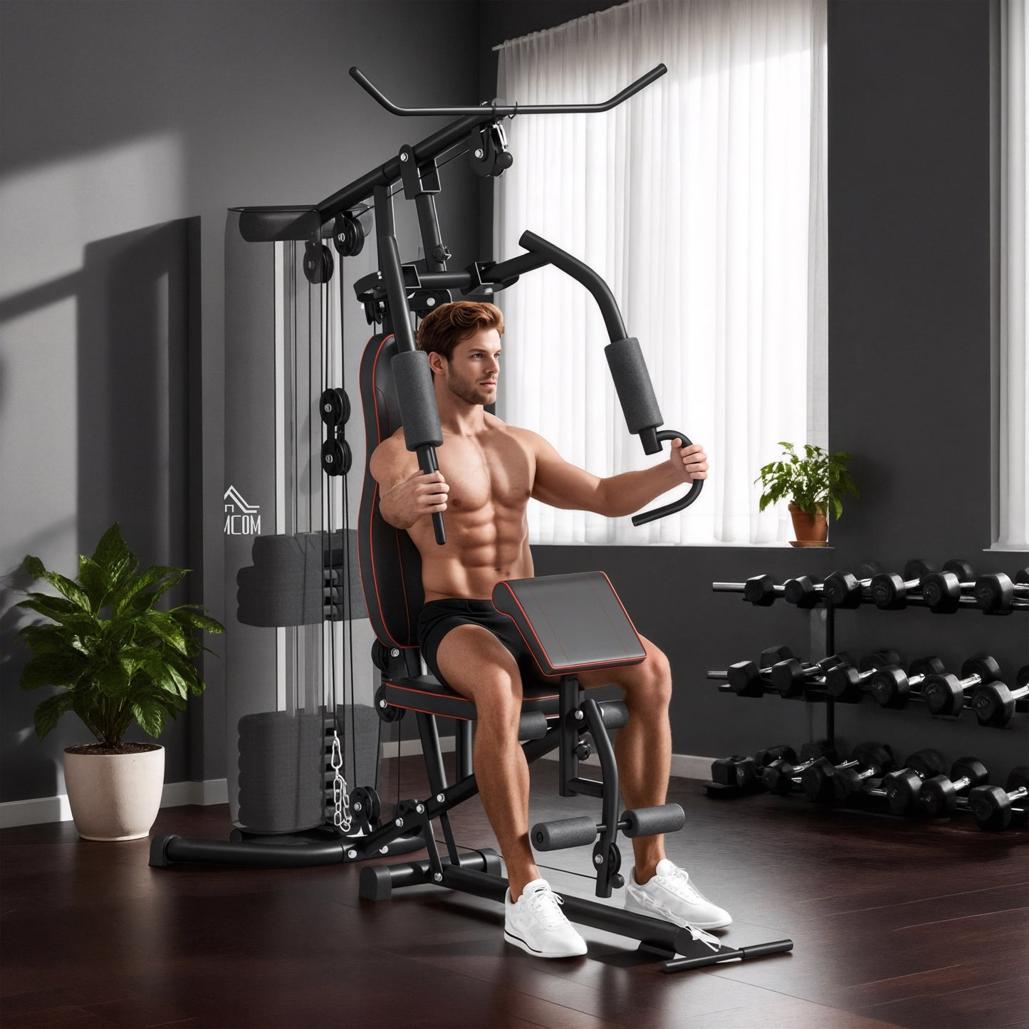 HOMCOM Multifunctional Home Gym Equipment Workout Station, Chest Station, Butterfly Press & Leg Developer, 45kg Weight Stack Multi Gym Machine Fitness Equipment for Full Body Fitness