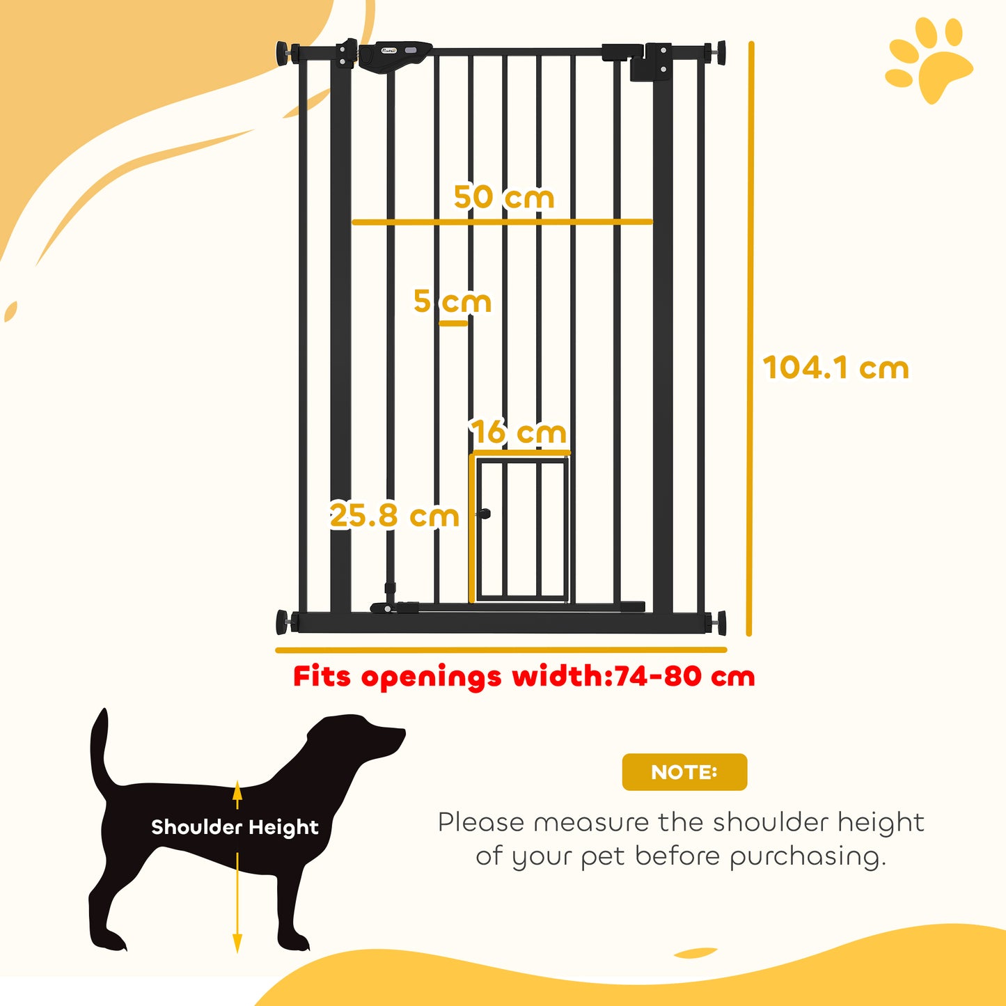 بوابة PawHut Extra Tall Pet Gate، بوابة أمان للكلاب في الأماكن المغلقة، مع فتحة للقطط، إغلاق تلقائي، عرض 74-80 سم - أسود