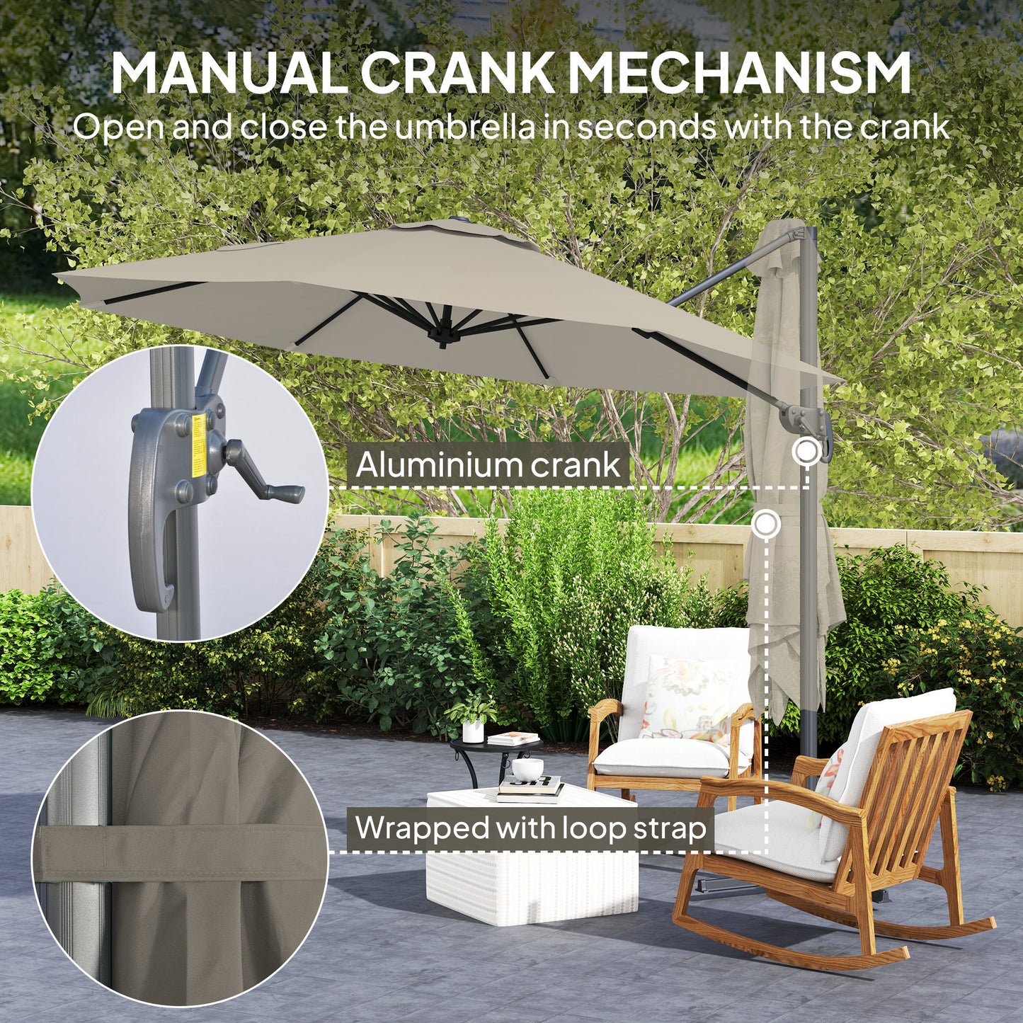 Outsunny 3 x 3(m) Cantilever Parasol with Cross Base, Garden Umbrella with 360° Rotation, Crank Handle and Tilt for Outdoor, Light Grey