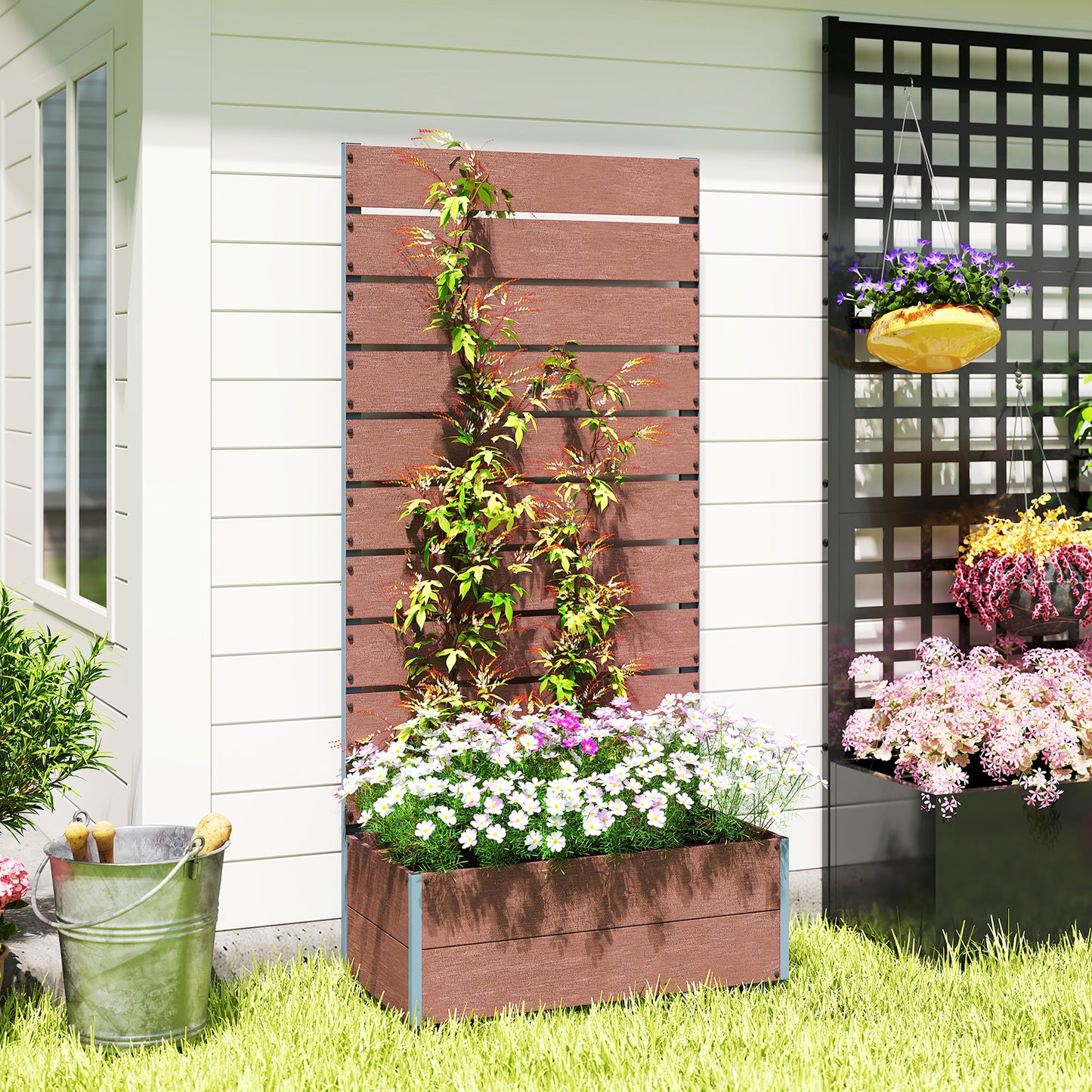 Outsunny 34 x 69.5cm Garden Planter Box, with Back Trellis, Brown