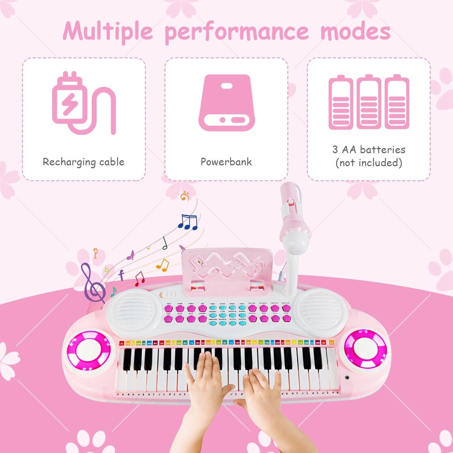 37-Key Kids Electronic Keyboard with Microphone and Rhythm Light-Pink