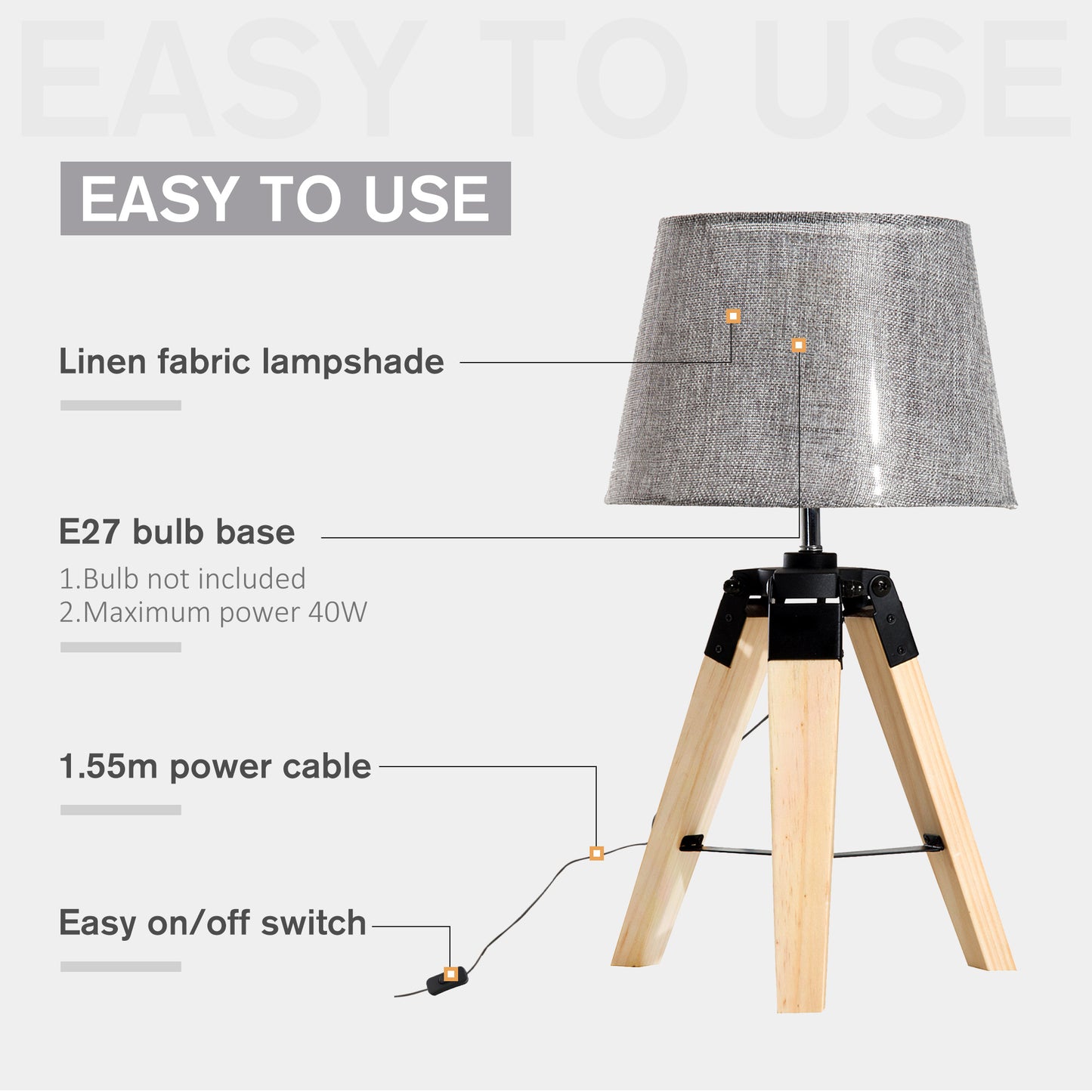 HOMCOM Wooden Tripod Table Lamp for Side, Desk or End Table with E27 Bulb Base(Grey Shade)