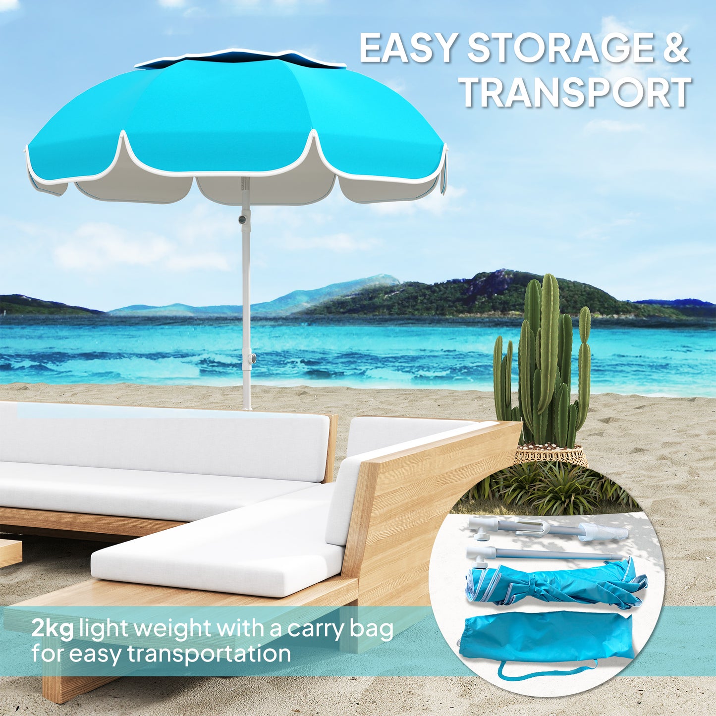 Outsunny Beach Umbrella Portable with Sand Anchor, Carry Bag, Adjustable Height & Tilt, UPF50+ UV Protection, Blue