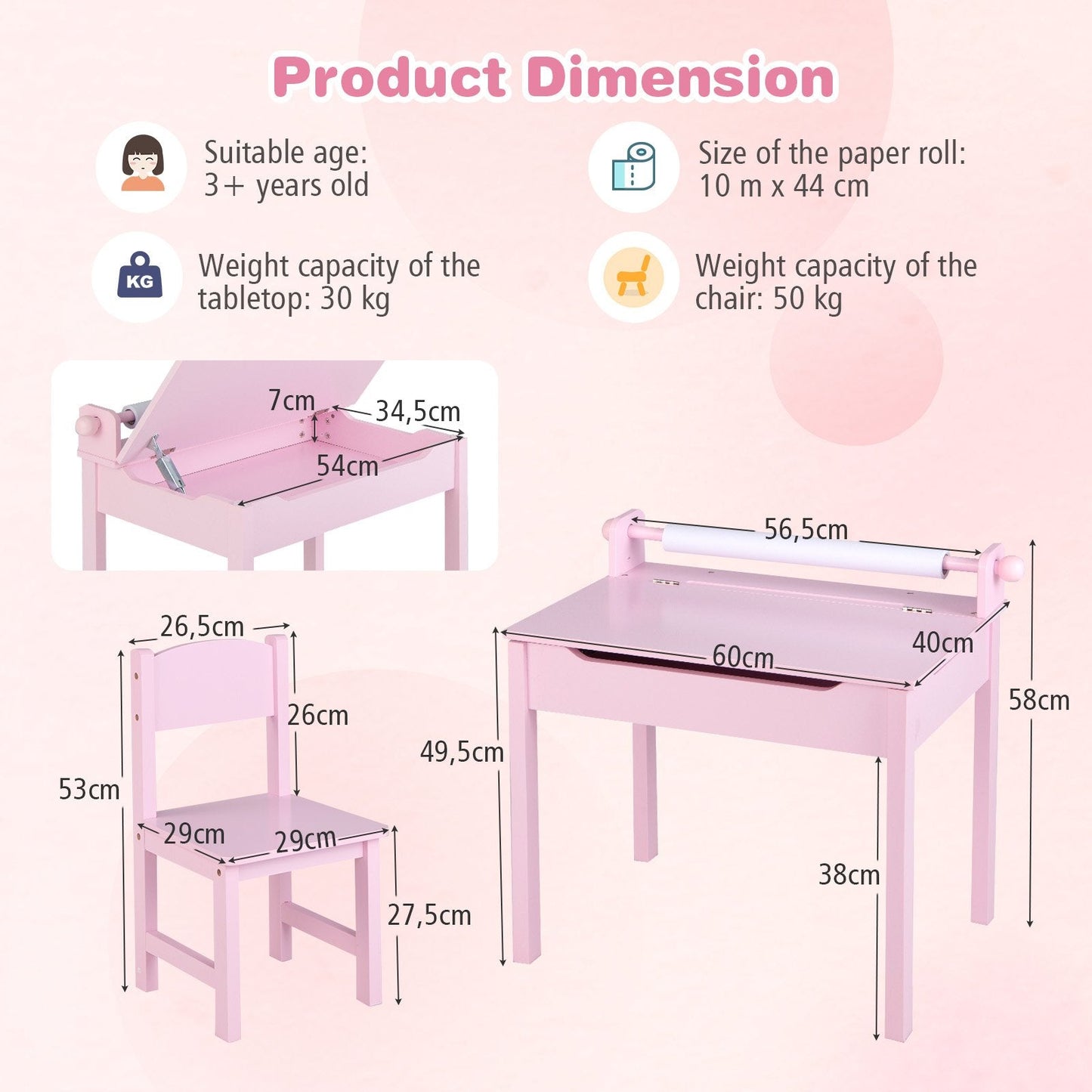 Toddler Activity Table with Chair with Storage and Paper Roll Holder-Pink