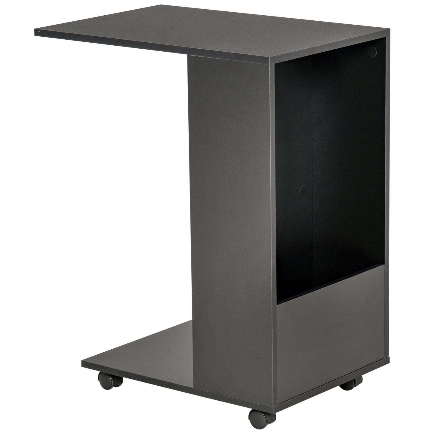 HOMCOM Mobile Sofa Side Table C-Shape End Table with Storage and Casters for Laptop Coffee Snack, Black