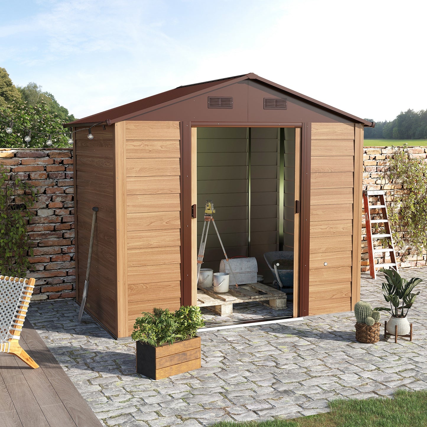 Outsunny 8 x 6ft Metal Garden Shed, House Hut Gardening Tool Storage with Ventilations, Sliding Door, Sloped Roof and Foundation Kit for Garden, Patio, Brown