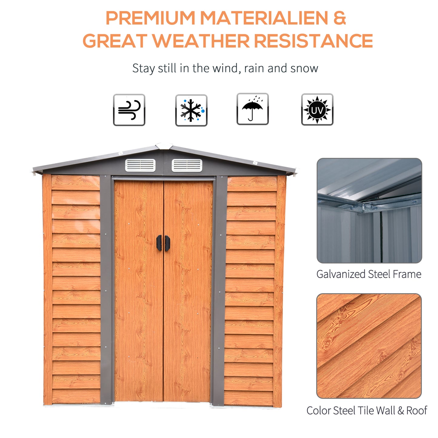 Outsunny 6.5 x 5ft Metal Garden Shed, House Hut Gardening Tool Storage with Ventilations, Sliding Door, Sloped Roof and Foundation Kit for Garden, Patio, Brown