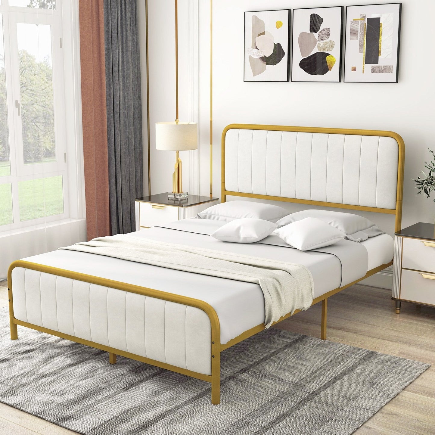 Upholstered Full Size Metal Bed Frame with Headboard-Full Size