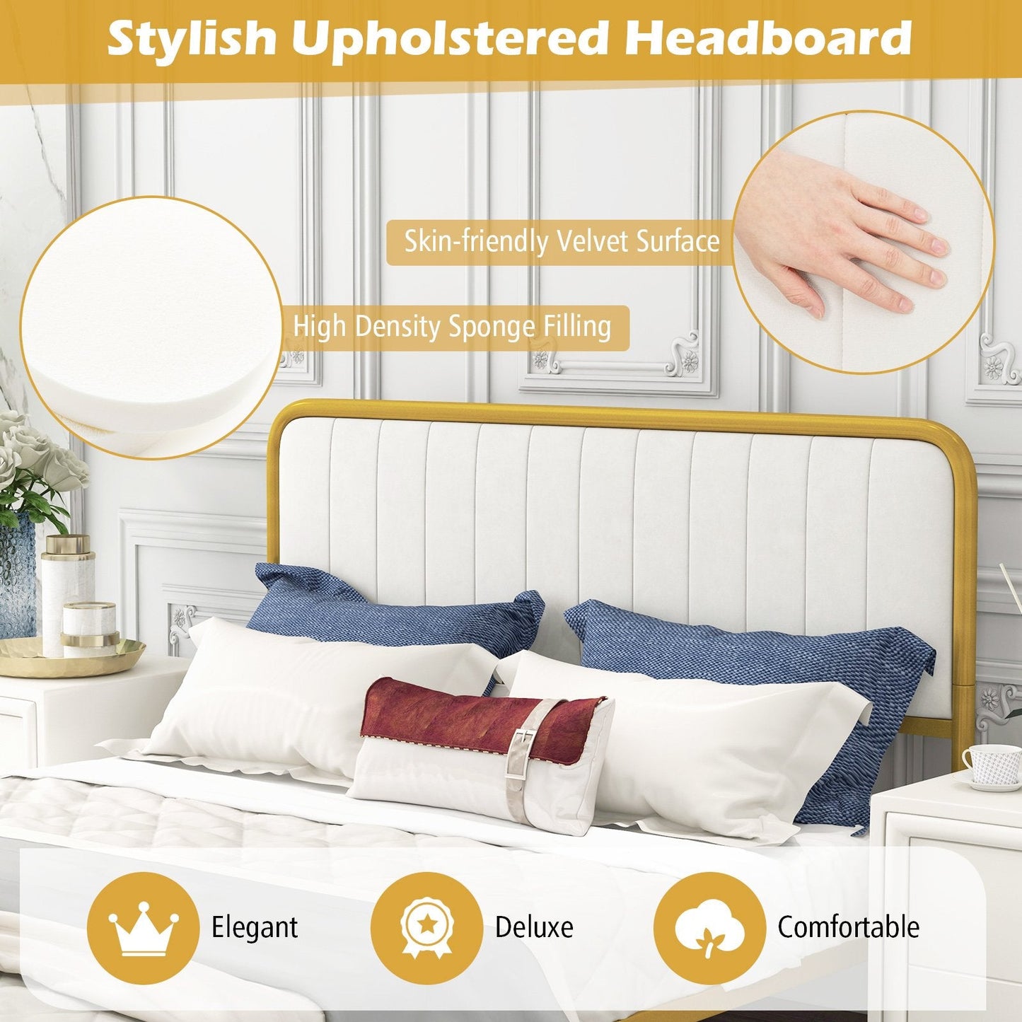 Upholstered Full Size Metal Bed Frame with Headboard-Full Size