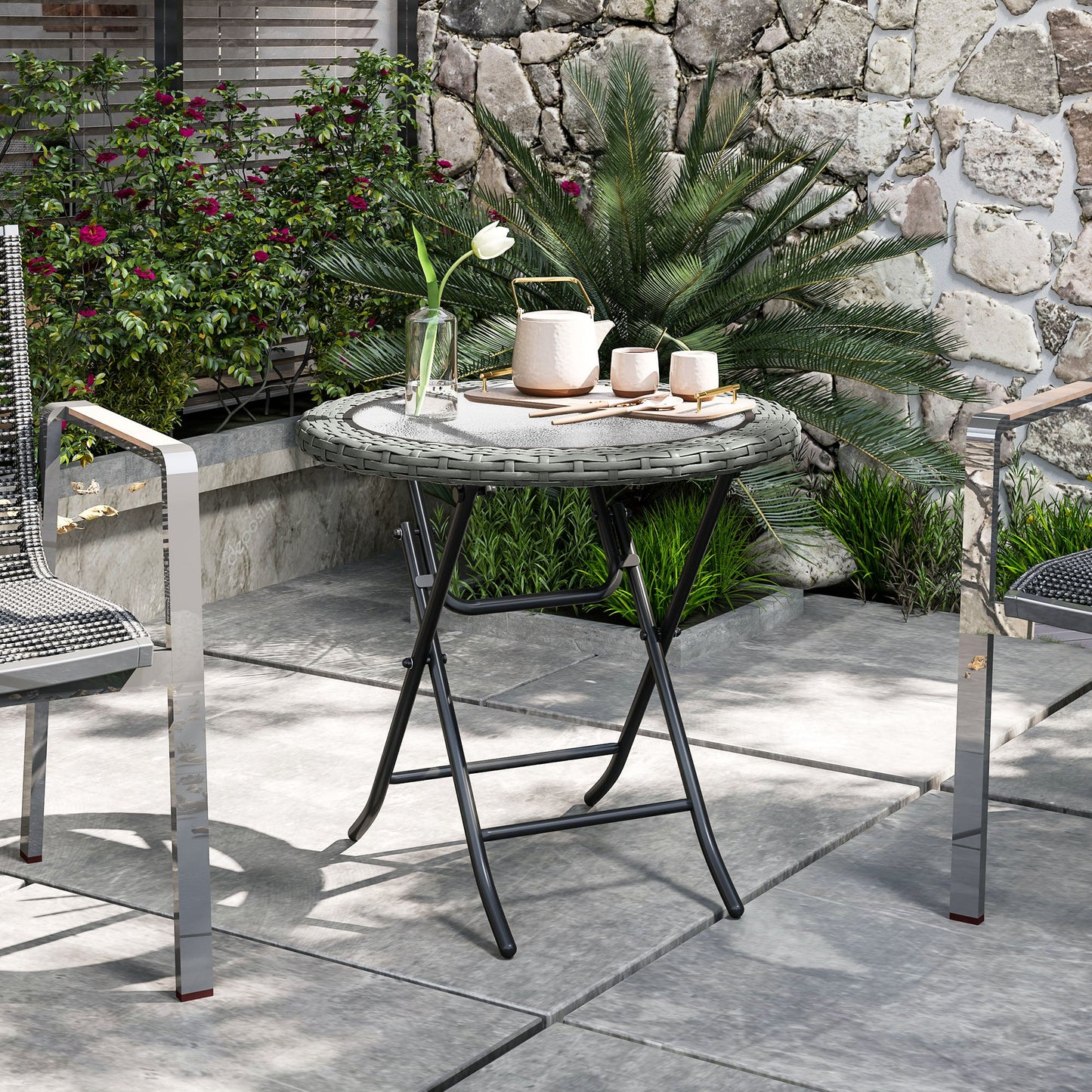 Outsunny Folding Rattan Garden Dining Table, 68 cm Round Rattan Garden Table with Water Ripple Tempered Glass Top, Wicker Edging and Steel Frame for Outdoor, Patio, Grey