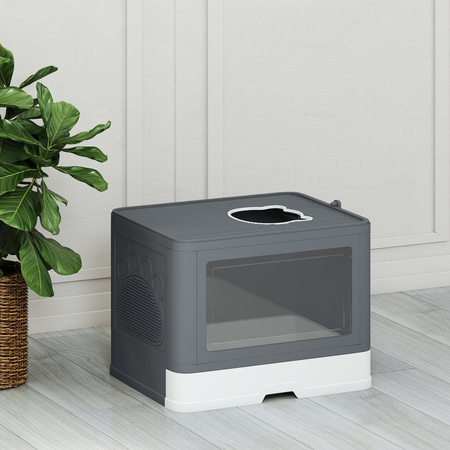 PawHut Enclosed Cat Litter Box with lid, Front Entry, Top Exit, Drawer, Tray, Scoop, Brush, 48.5 x 38 x 36.5cm - Grey
