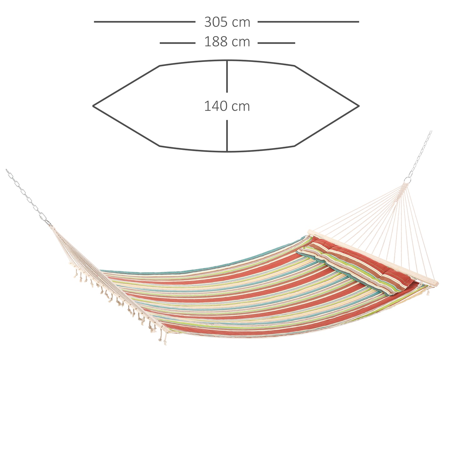 Outsunny Double Cotton Hammock Camping Swing Outdoor Garden Beach Stripe Hanging Bed with Pillow, 188 x 140 cm, 180 KG Capacity, Red