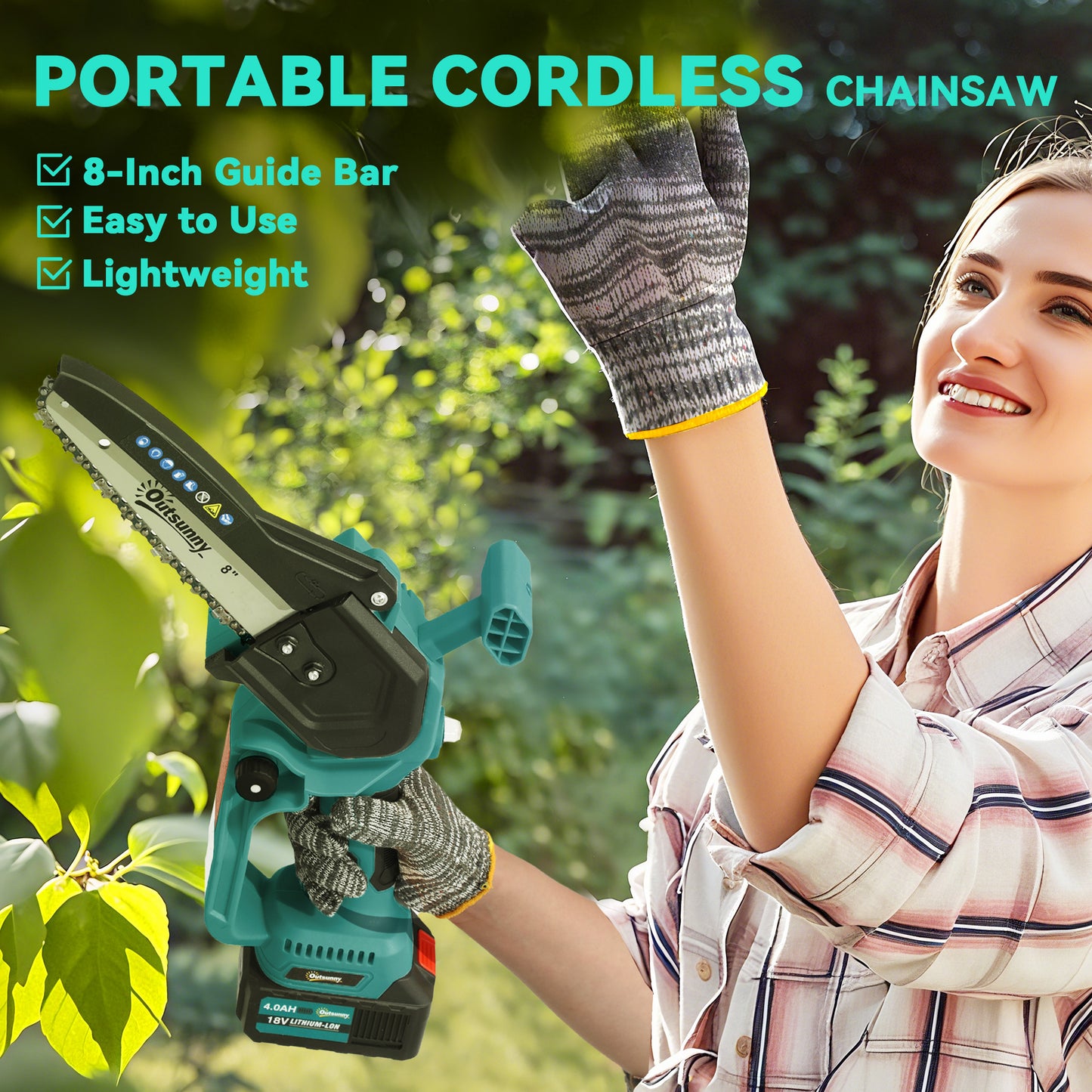 Outsunny 8 Inch Electric Chainsaw, Cordless Mini Chain Saw with Brushless Motor, 2 x 4000mAh Batteries and Safety Lock, Handheld Portable Wood Pruning Saw for Trimming Cutting, Blue