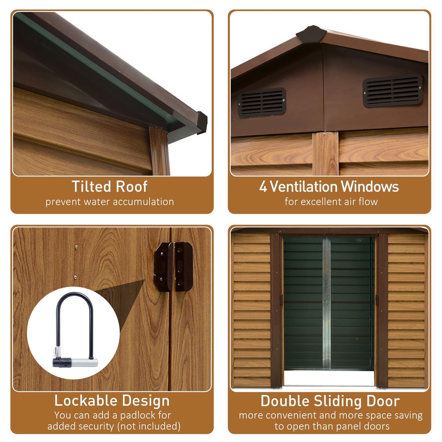 Outsunny 8 x 6ft Metal Garden Shed, House Hut Gardening Tool Storage with Ventilations, Sliding Door, Sloped Roof and Foundation Kit for Garden, Patio, Brown