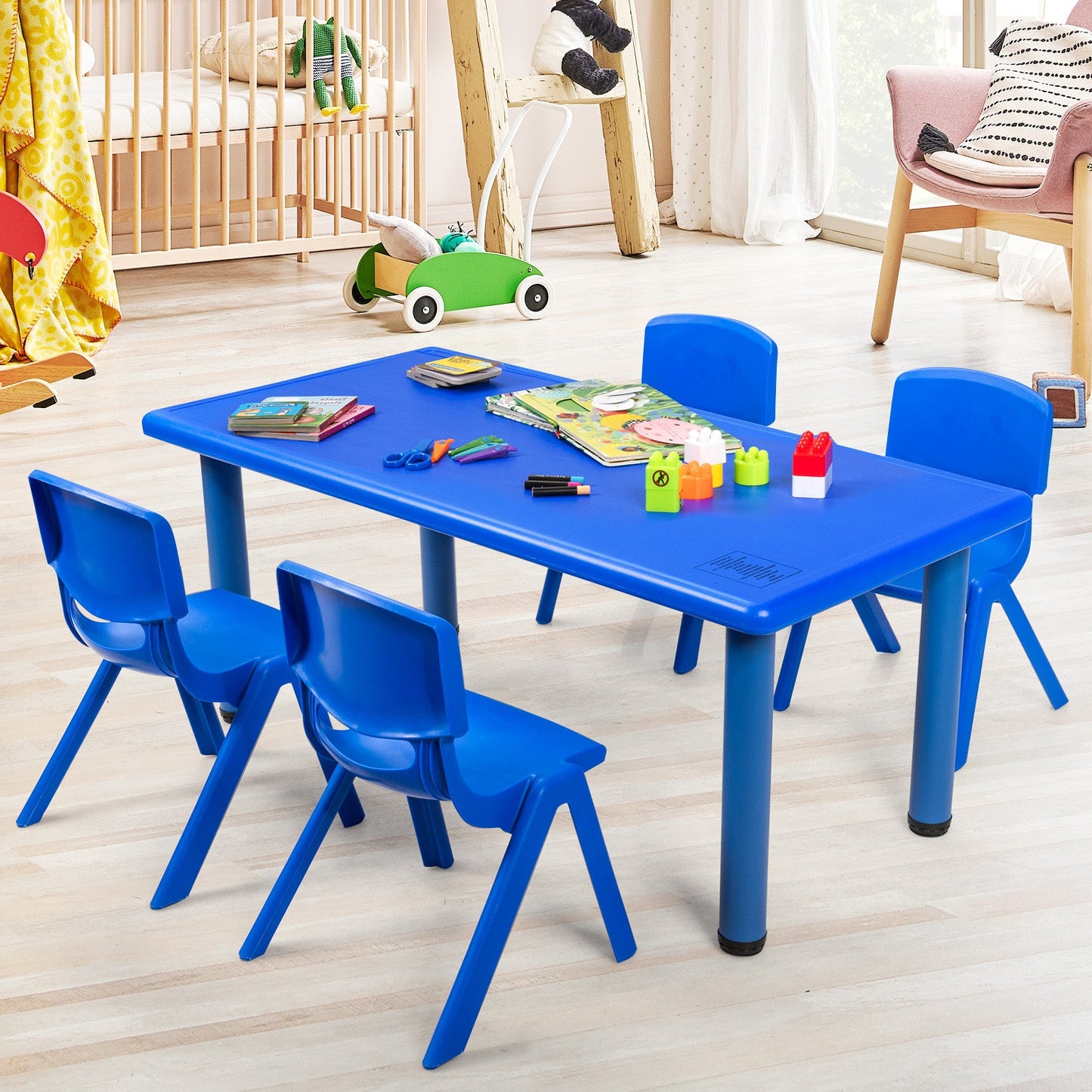 Waterproof Rectangular Kids Table with Anti-slip Foot Mats-Blue