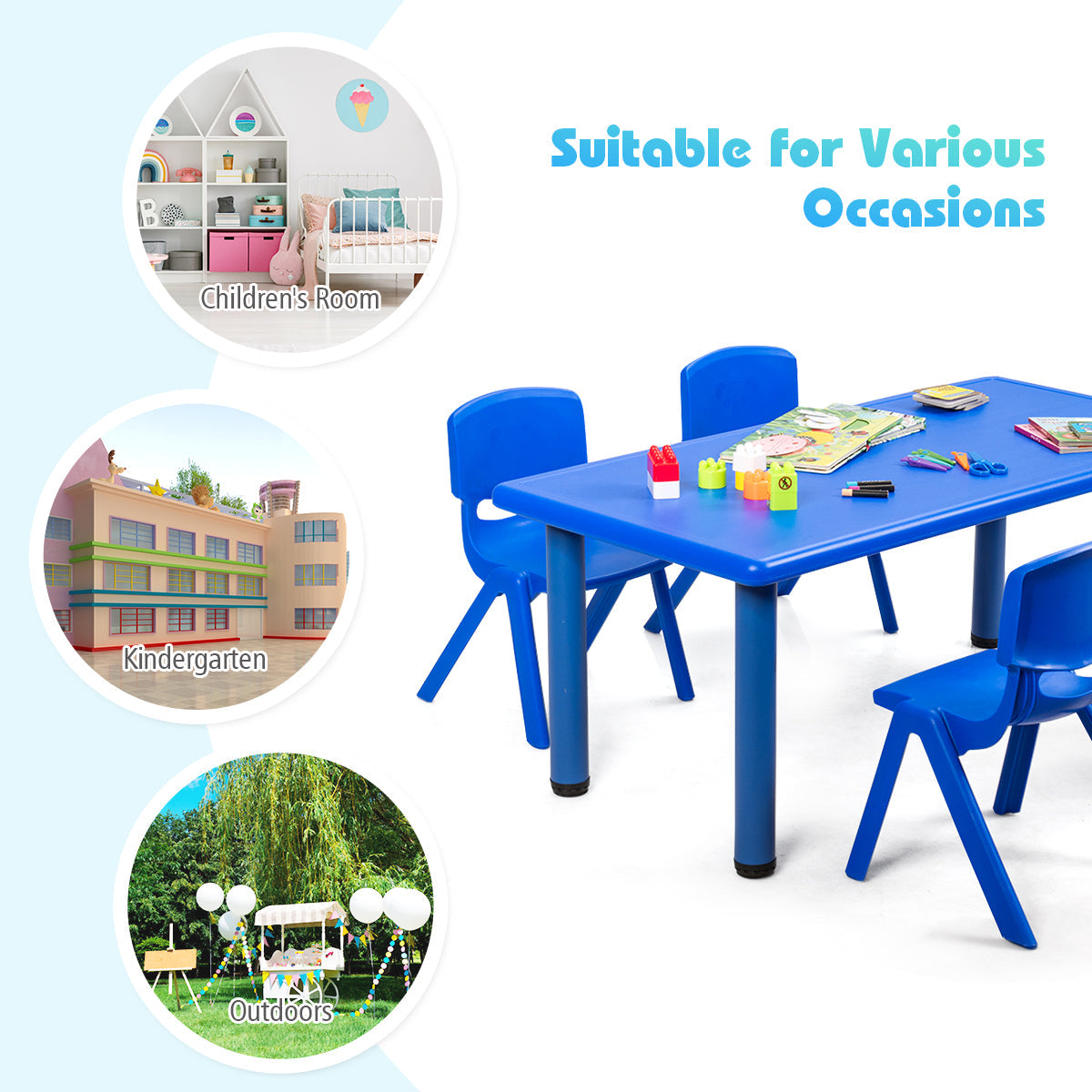 Waterproof Rectangular Kids Table with Anti-slip Foot Mats-Blue