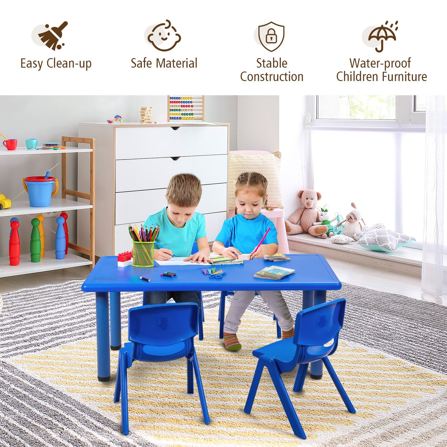 Waterproof Rectangular Kids Table with Anti-slip Foot Mats-Blue