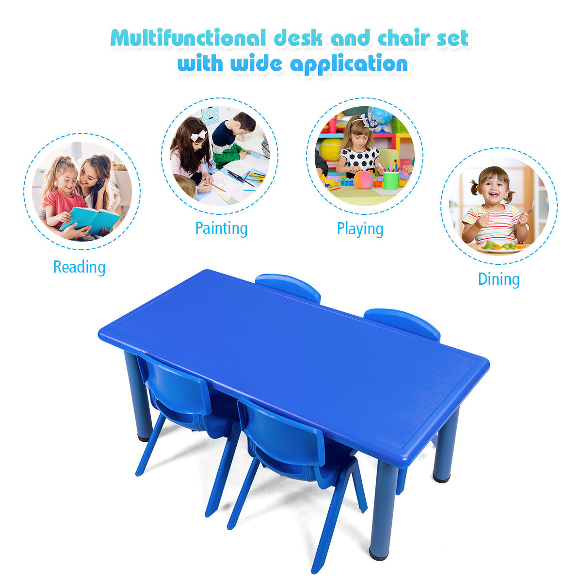Waterproof Rectangular Kids Table with Anti-slip Foot Mats-Blue