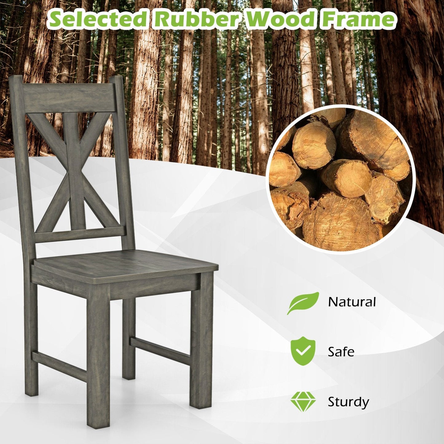 Wooden Dining Chairs Set of 2 with Rubber Wood Frame and Elegant Hollowed Backrest-Grey