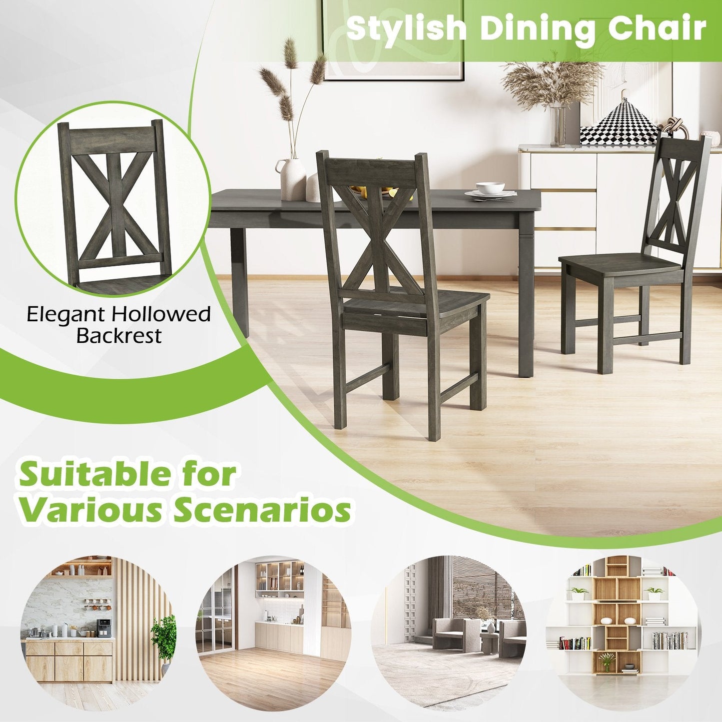 Wooden Dining Chairs Set of 2 with Rubber Wood Frame and Elegant Hollowed Backrest-Grey