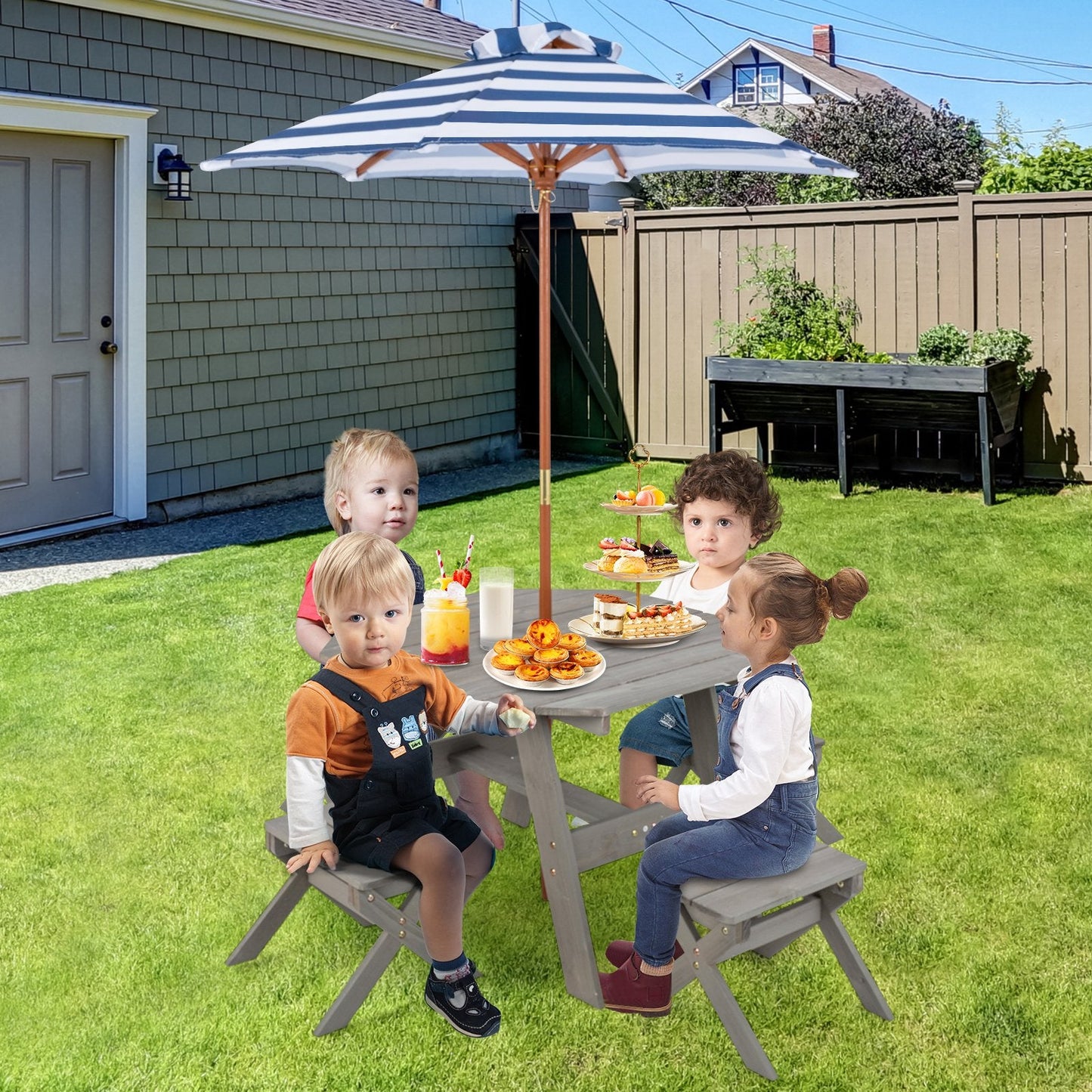 Wooden Kids Picnic Table Set with 4 Chairs and Adjustable Umbrella-Grey