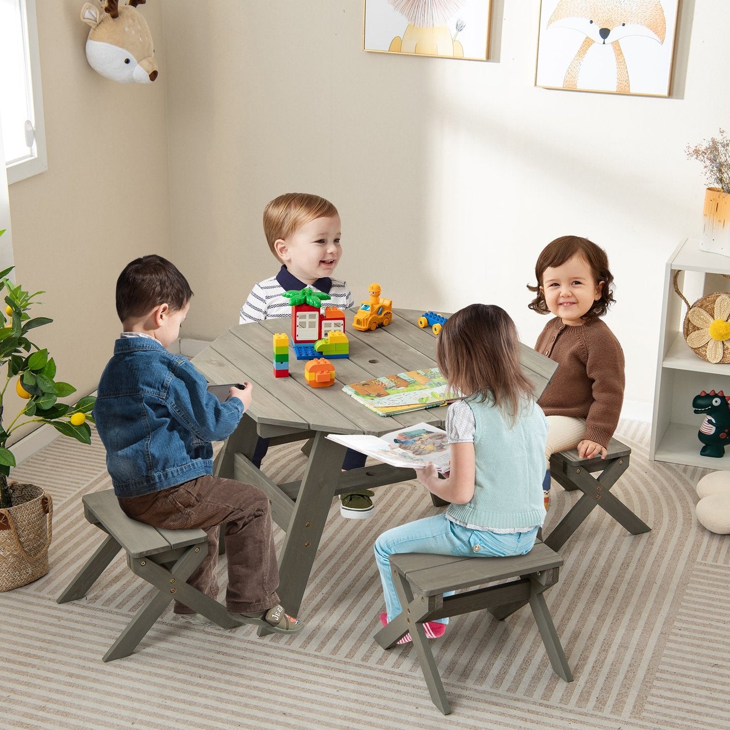 Wooden Kids Picnic Table Set with 4 Chairs and Adjustable Umbrella-Grey