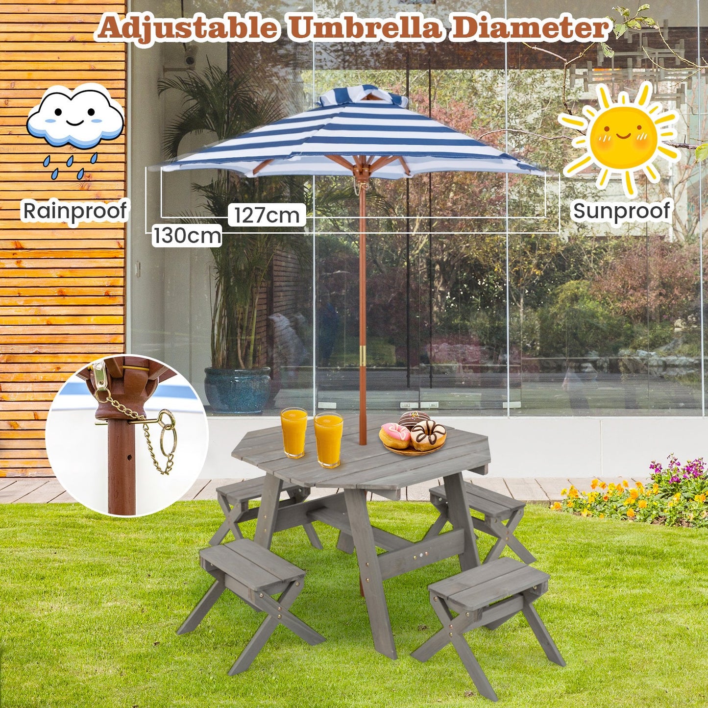 Wooden Kids Picnic Table Set with 4 Chairs and Adjustable Umbrella-Grey