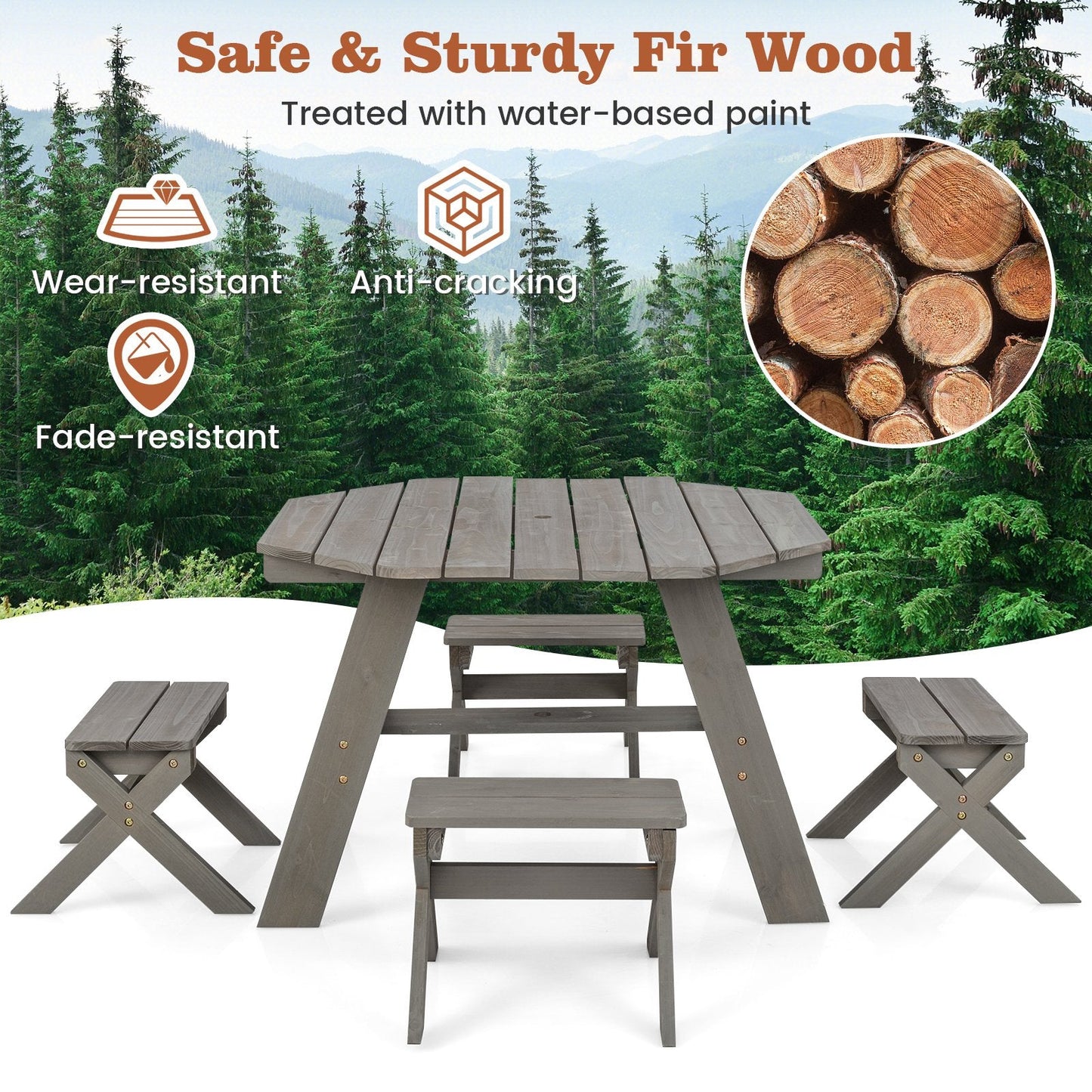 Wooden Kids Picnic Table Set with 4 Chairs and Adjustable Umbrella-Grey
