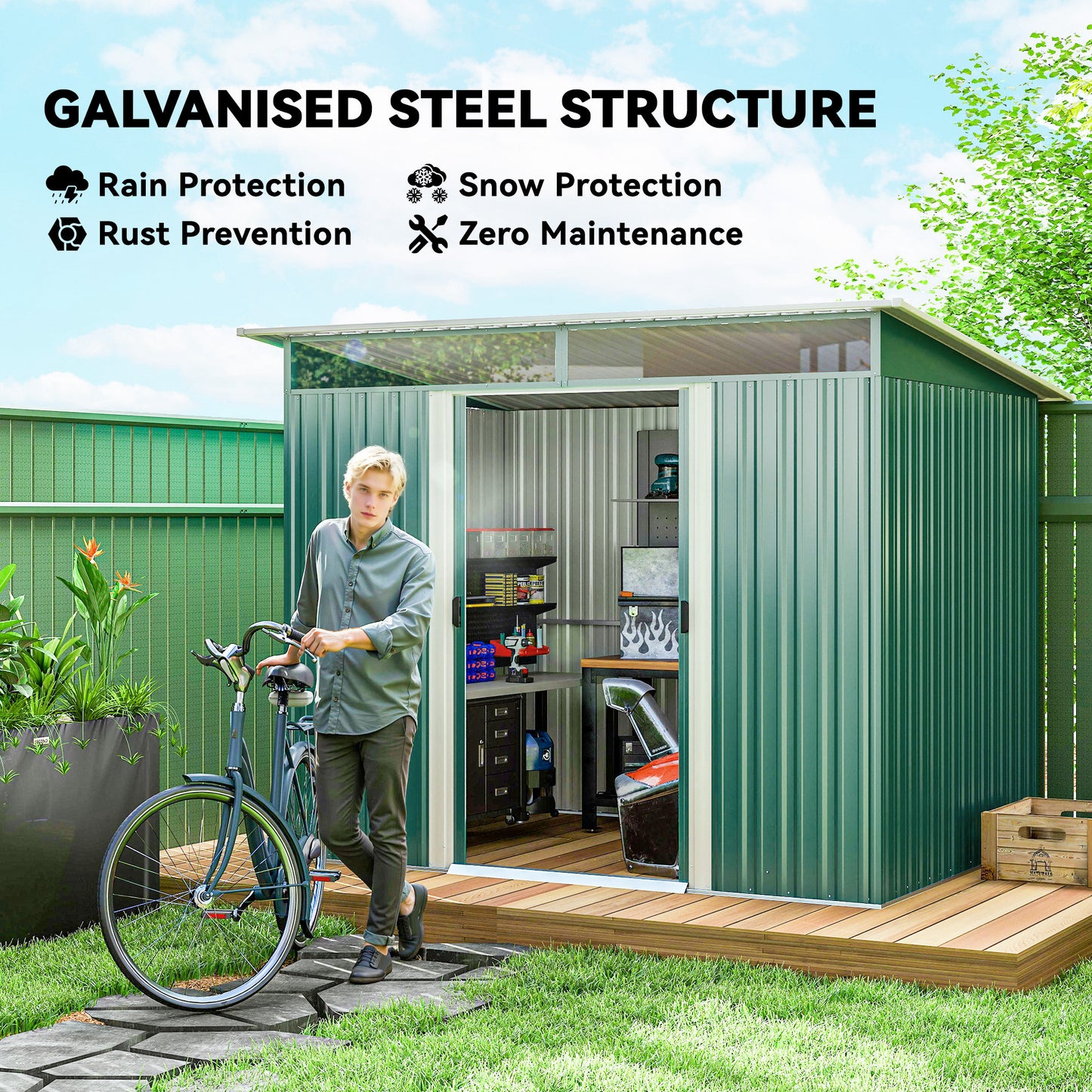 Outsunny 8.5 x 6ft Metal Shed with Lightsky Panels, Garden Storage Tool House with Double Doors for Garden, Patio and Lawn, Green