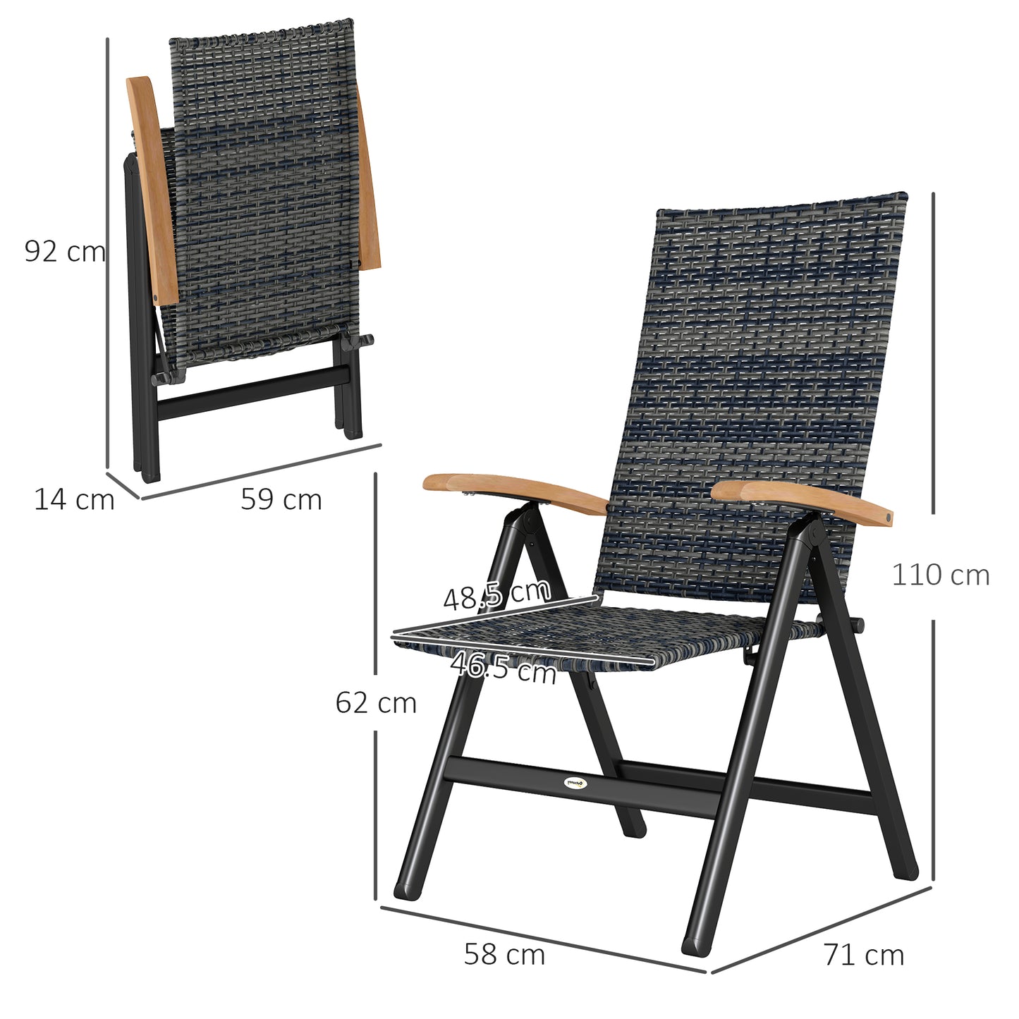 Outsunny 2 Pieces Outdoor Foldable Dining Chair with Armrests, High Backrest, for Garden, Camping, Balcony, Mixed-grey